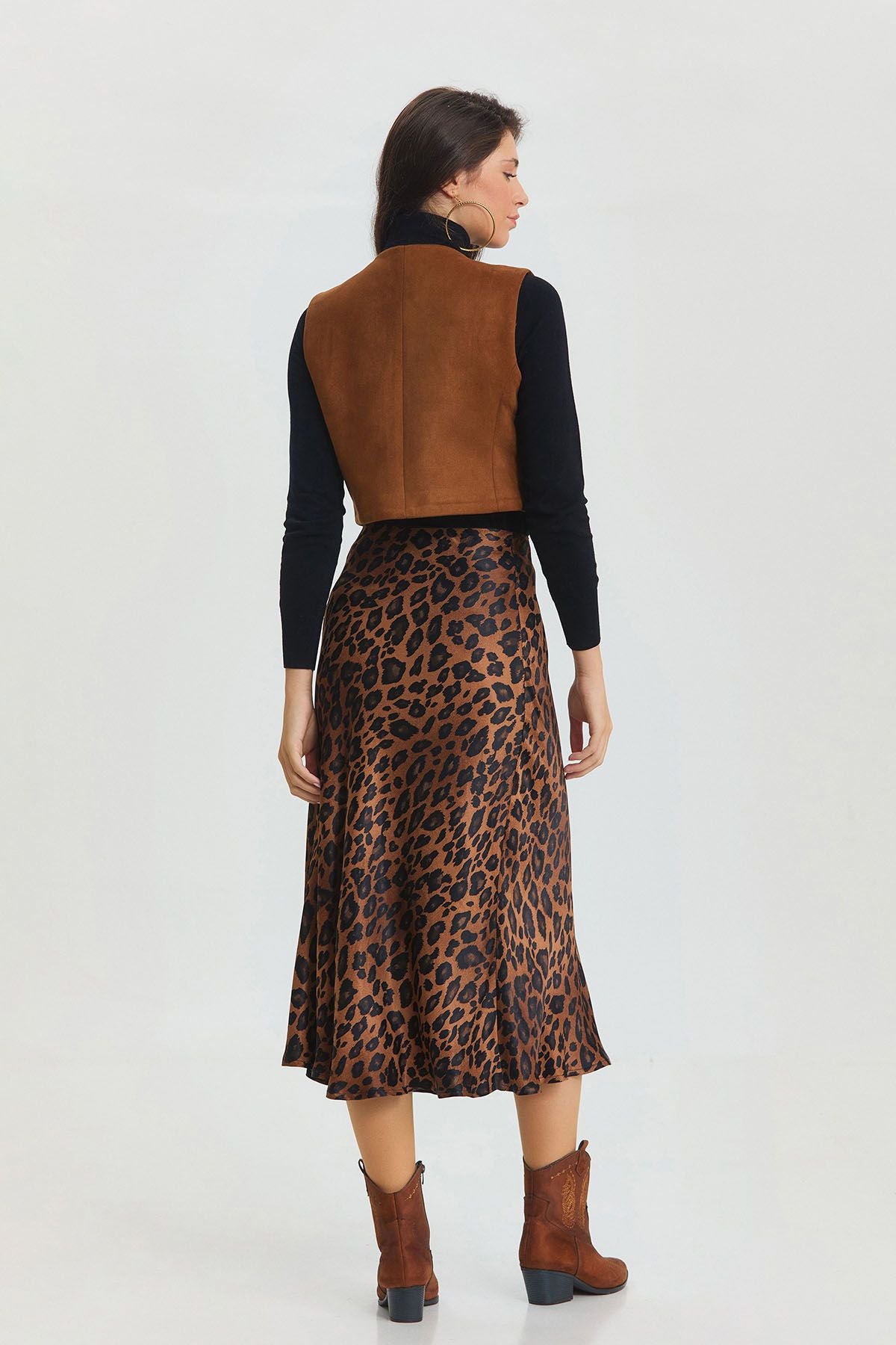 Leopar Desenli Midi Boy Saten Etek Taba
