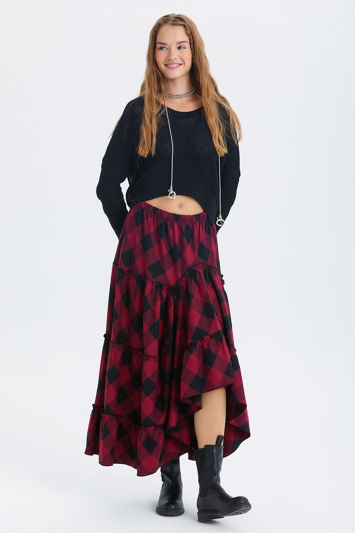 Hippi Tarz Desenli Maxi Etek Bordo