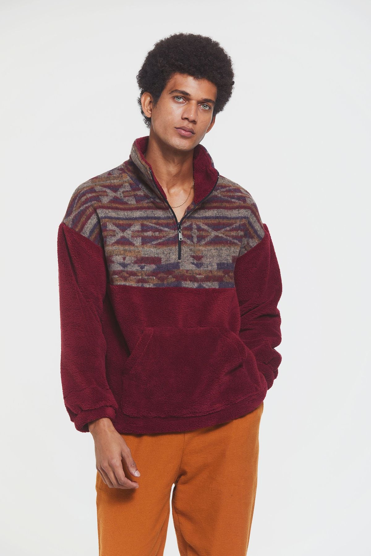 Boğazlı Etnik Desenli Peluş Sweatshirt Bordo