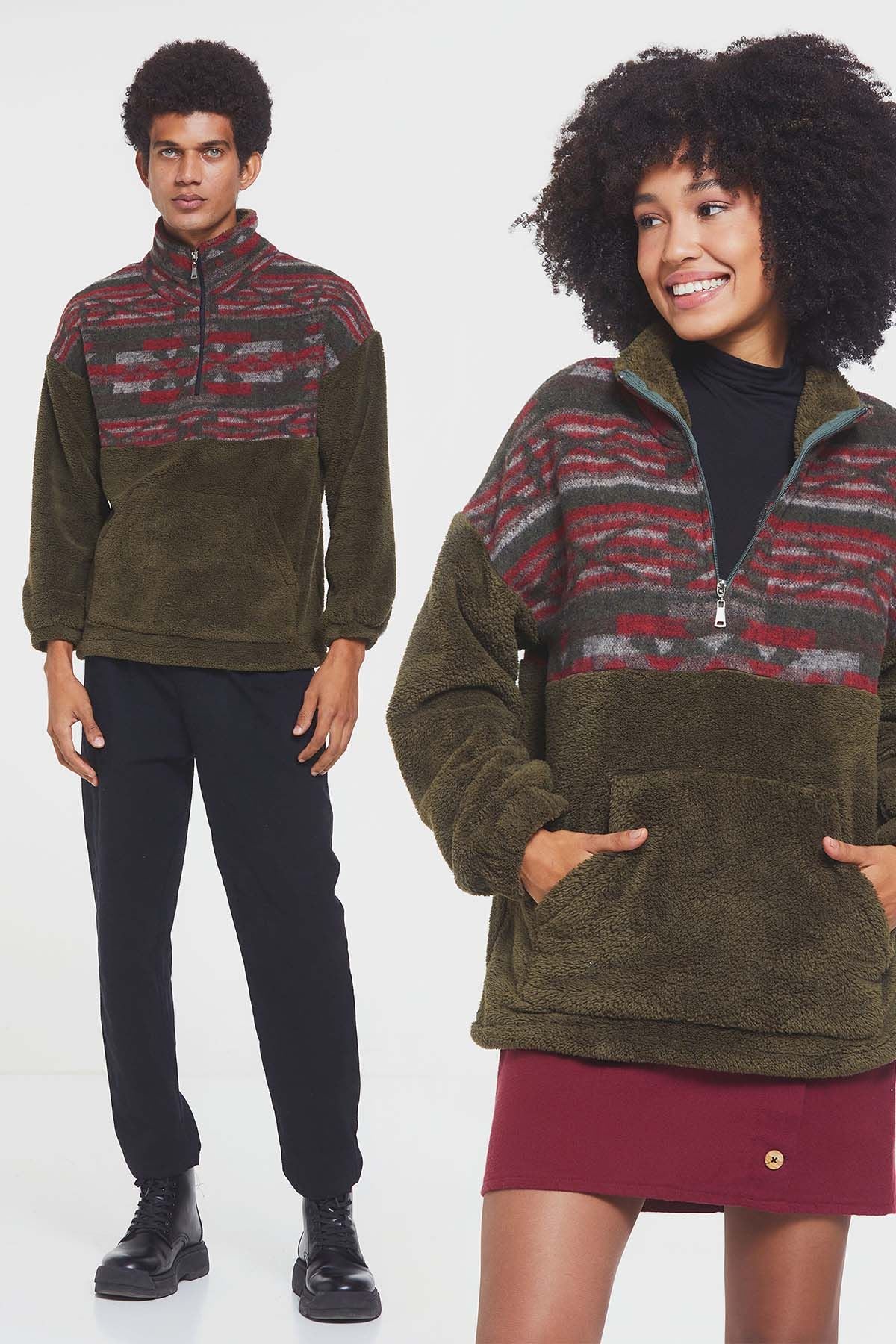 Boğazlı Etnik Desenli Peluş Sweatshirt Haki