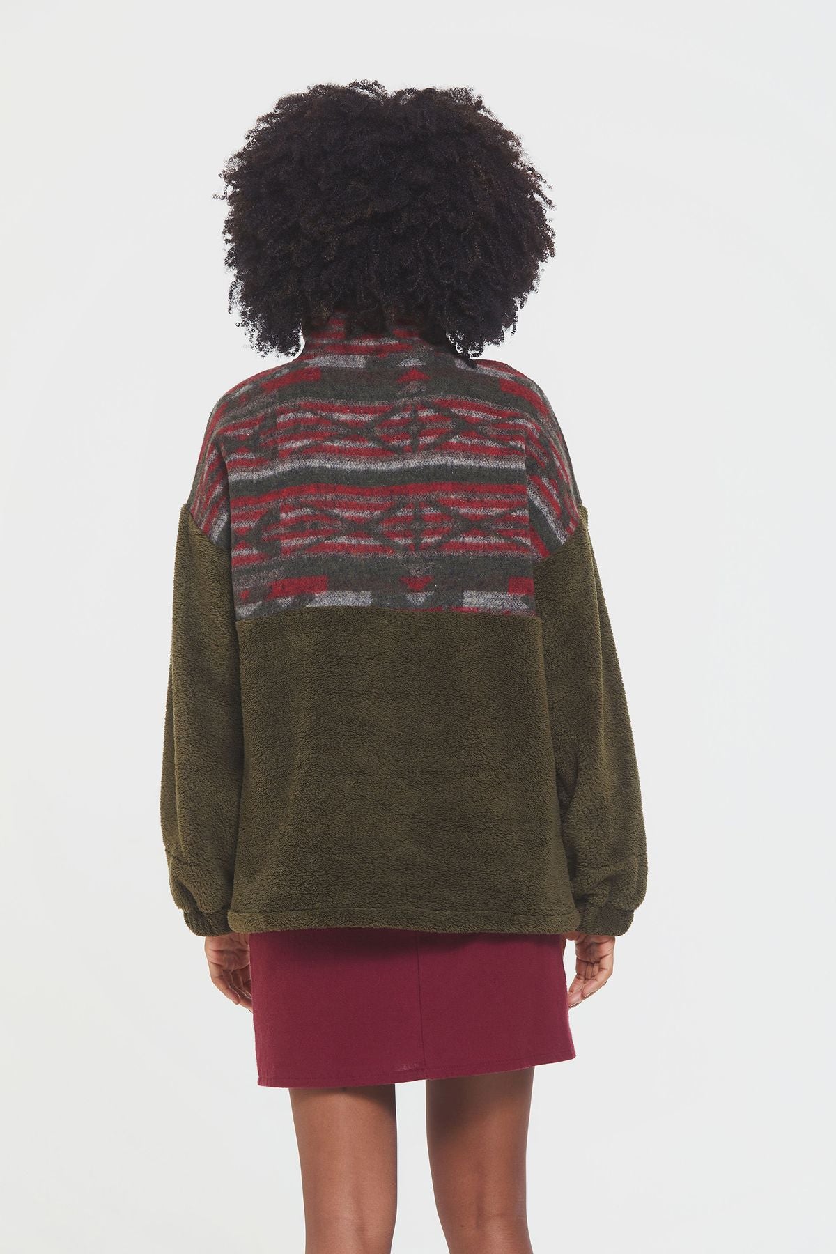 Boğazlı Etnik Desenli Peluş Sweatshirt Haki