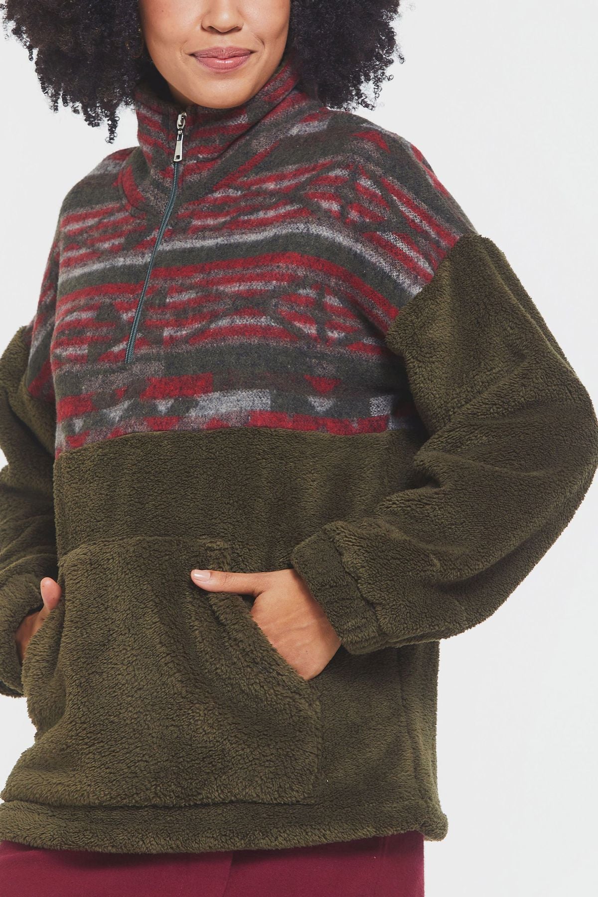 Boğazlı Etnik Desenli Peluş Sweatshirt Haki
