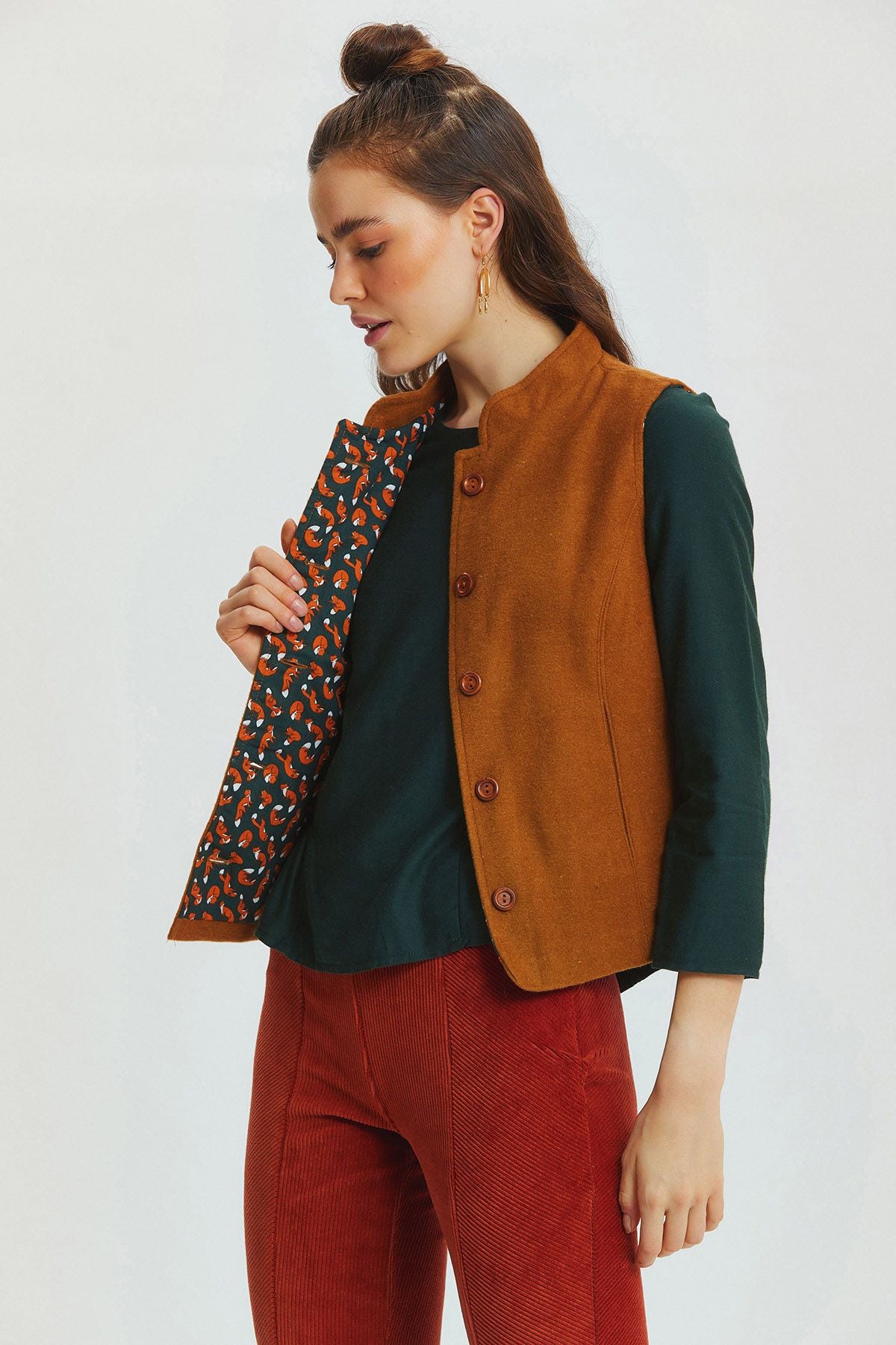 Hakim Yaka Otantik Kadın Yelek Taba