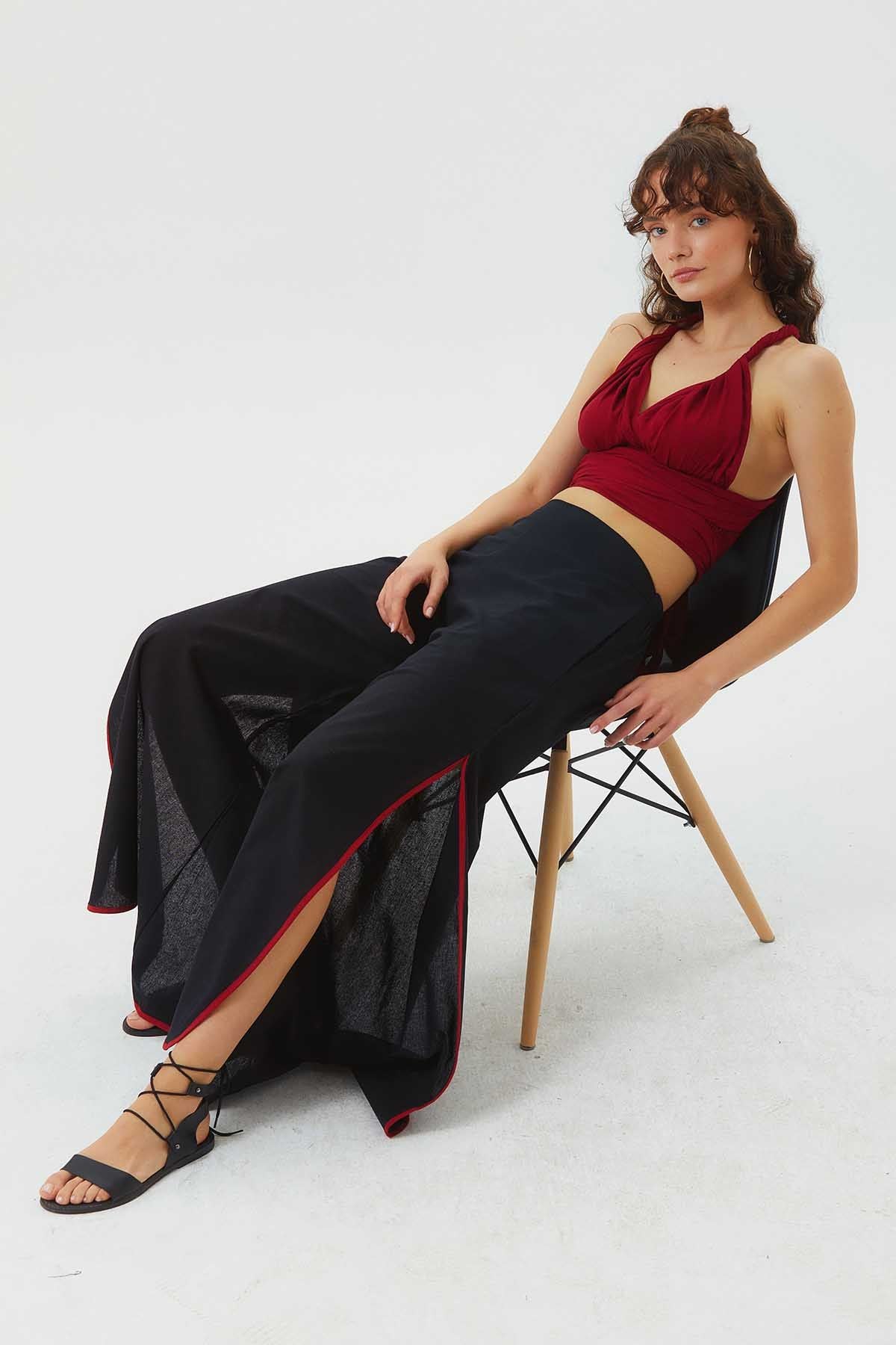 Bağlamalı Sırt Detaylı Şık Bohem Crop Bluz Kırmızı