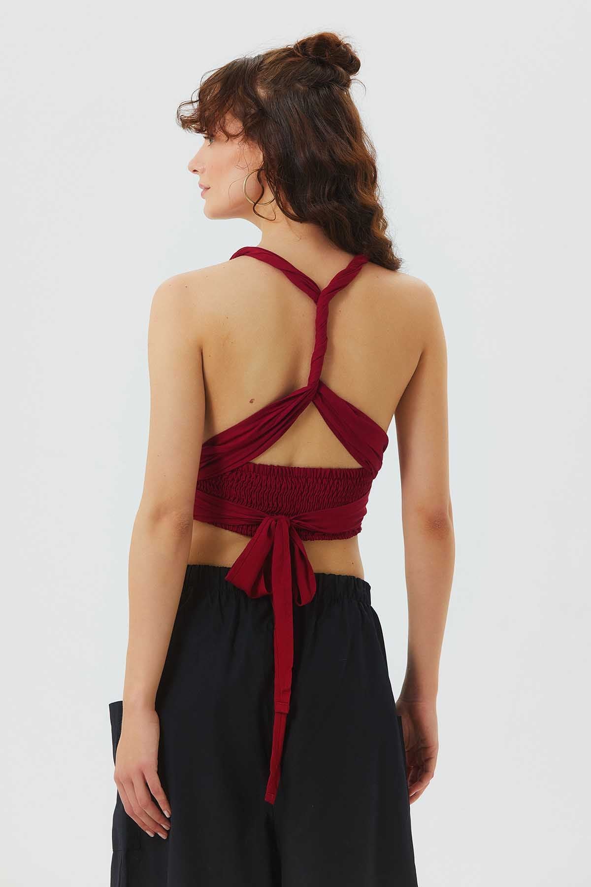Bağlamalı Sırt Detaylı Şık Bohem Crop Bluz Kırmızı