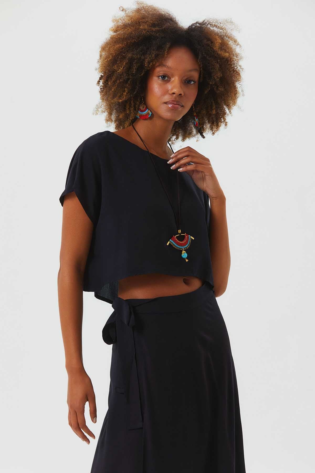 Kayık Yaka Oversize Yazlık Crop Bohem Bluz Siyah