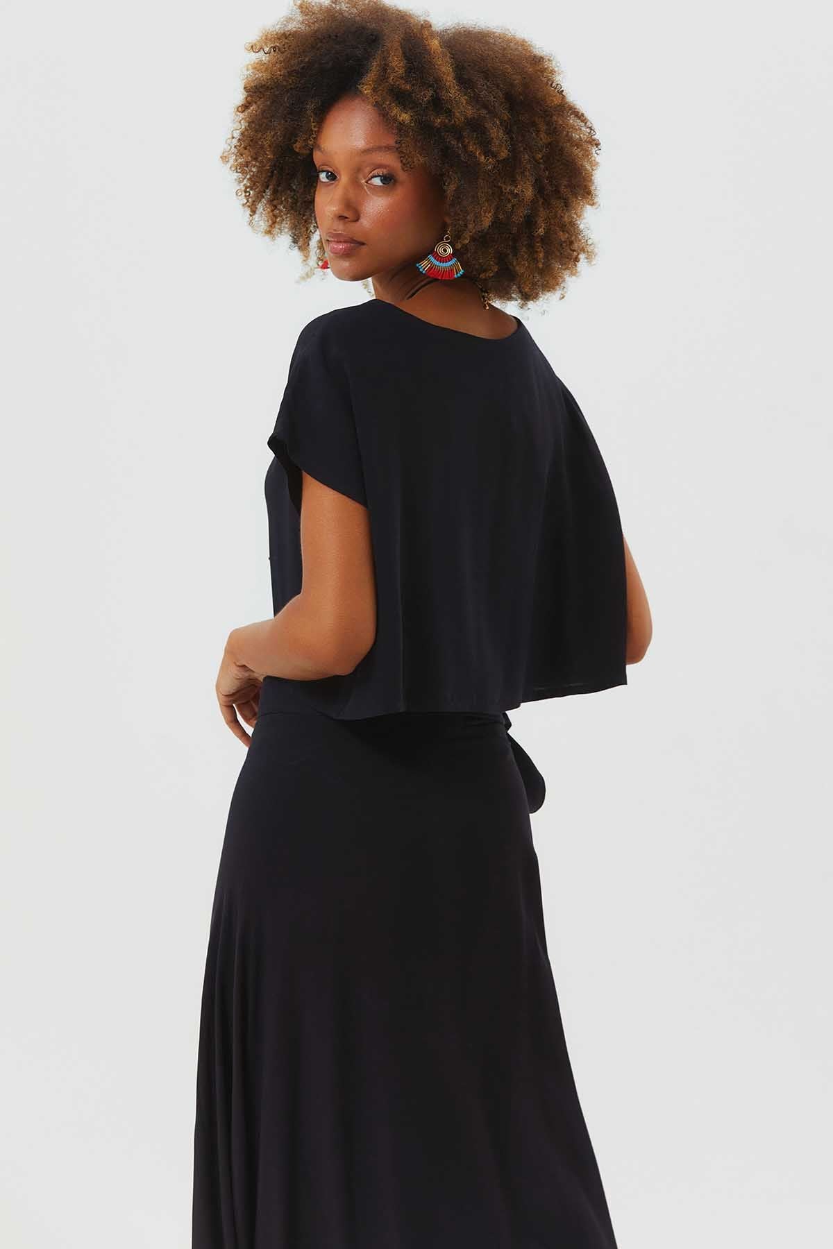 Kayık Yaka Oversize Yazlık Crop Bohem Bluz Siyah