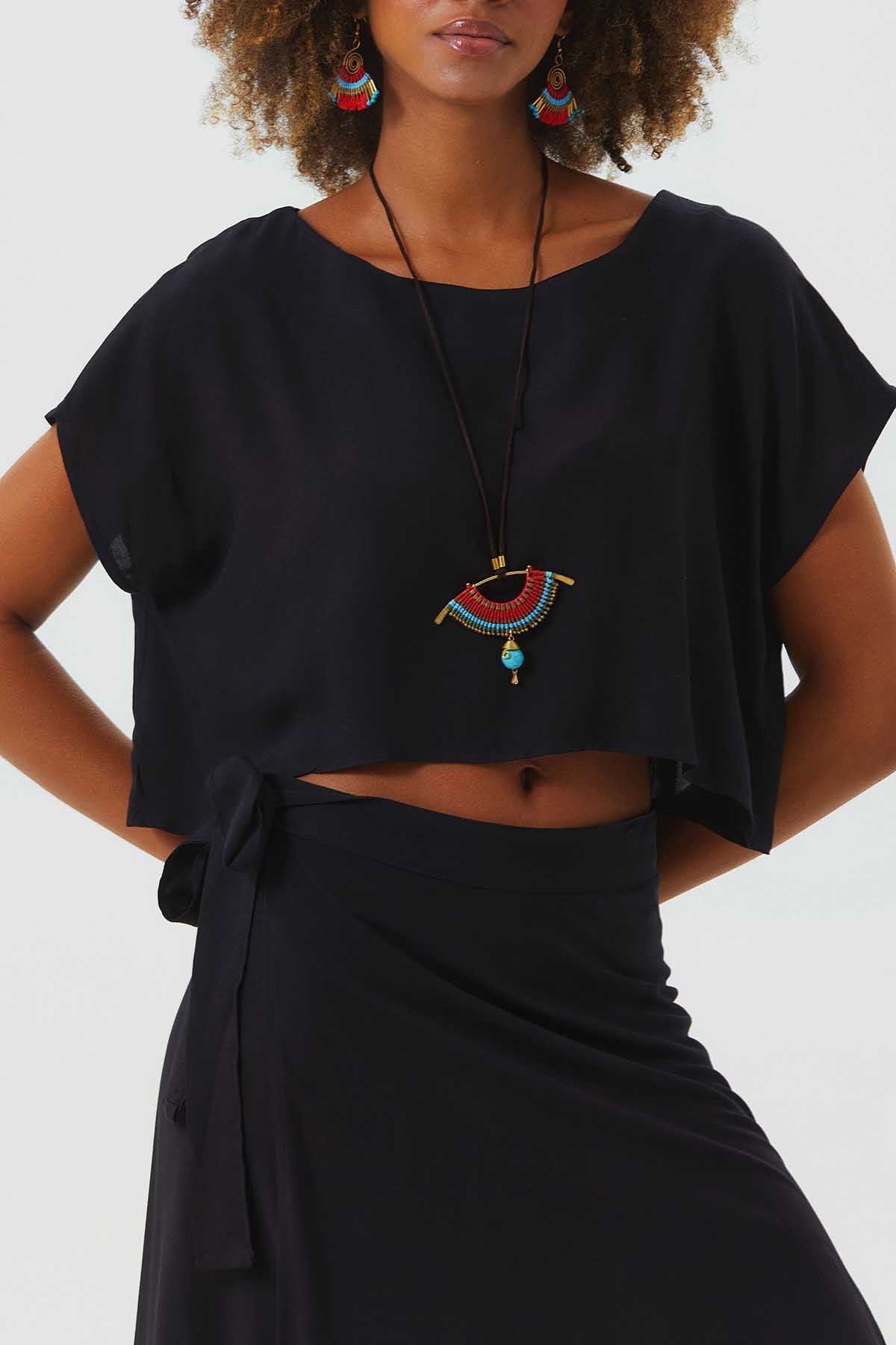 Kayık Yaka Oversize Yazlık Crop Bohem Bluz Siyah