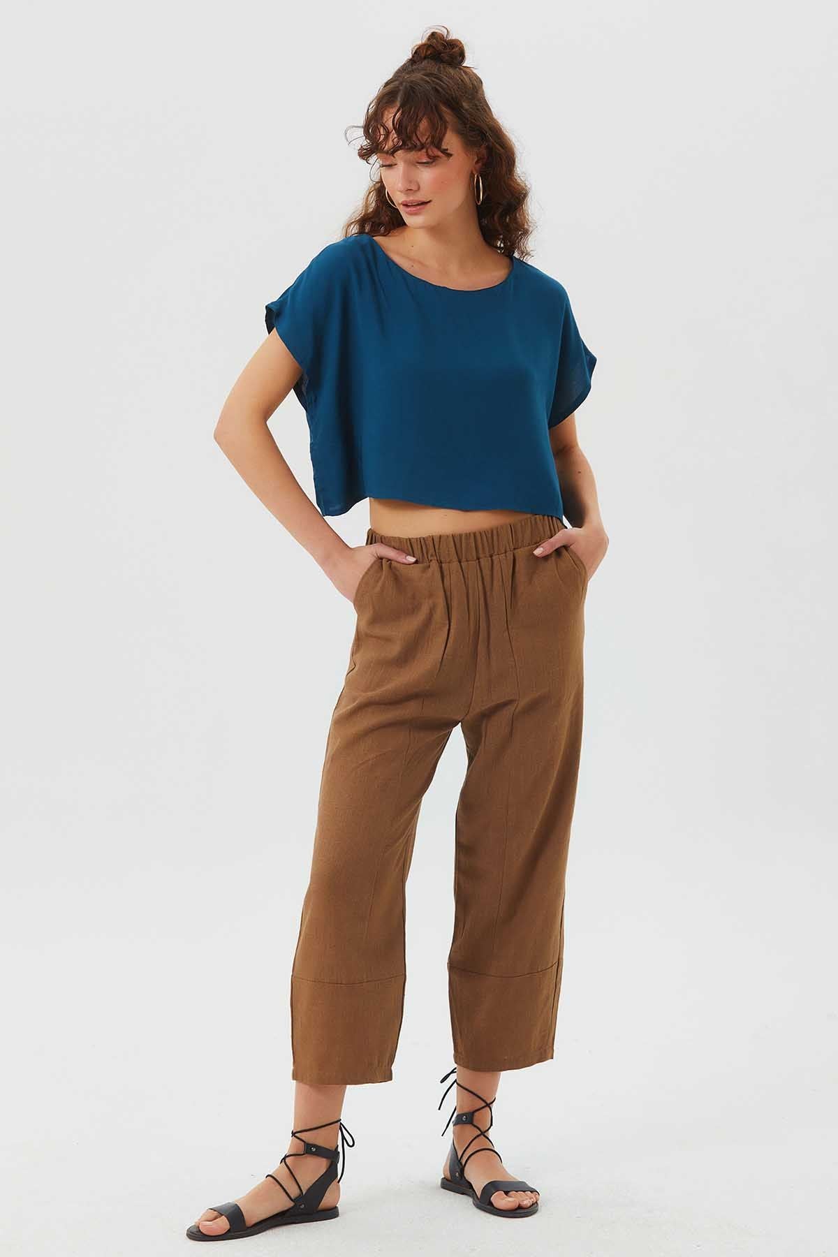 Kayık Yaka Oversize Yazlık Crop Bohem Bluz Lacivert