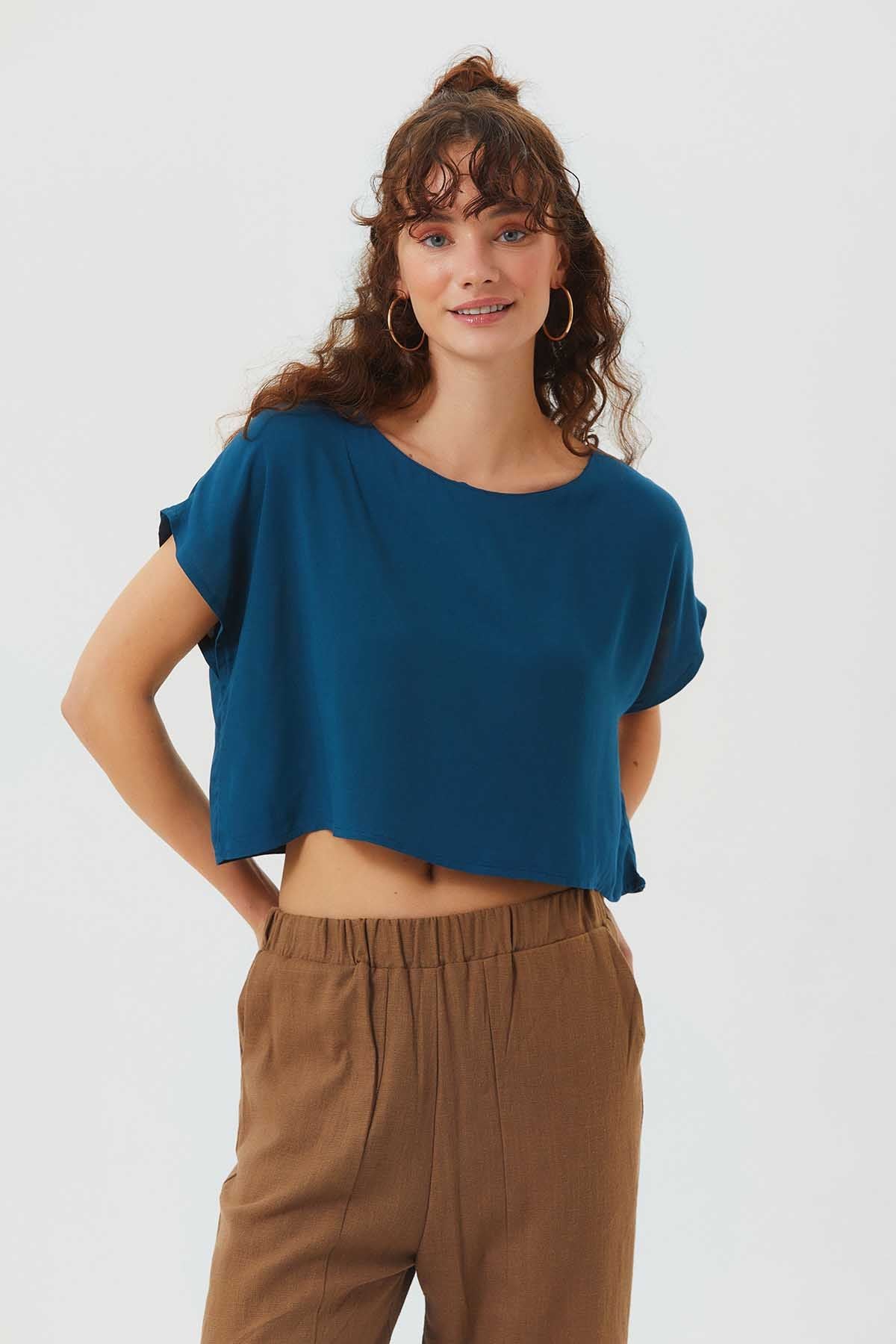 Kayık Yaka Oversize Yazlık Crop Bohem Bluz Lacivert