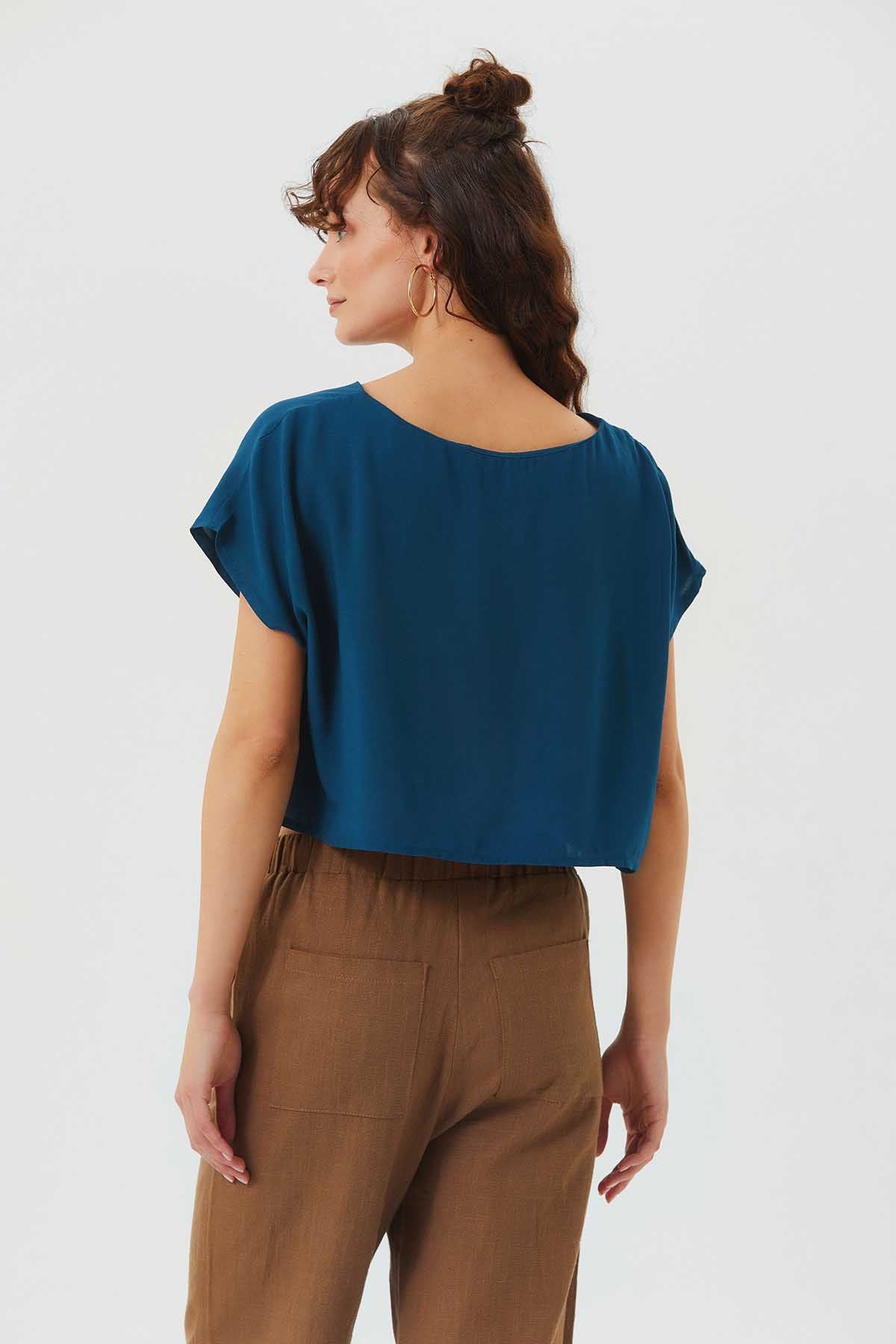 Kayık Yaka Oversize Yazlık Crop Bohem Bluz Lacivert