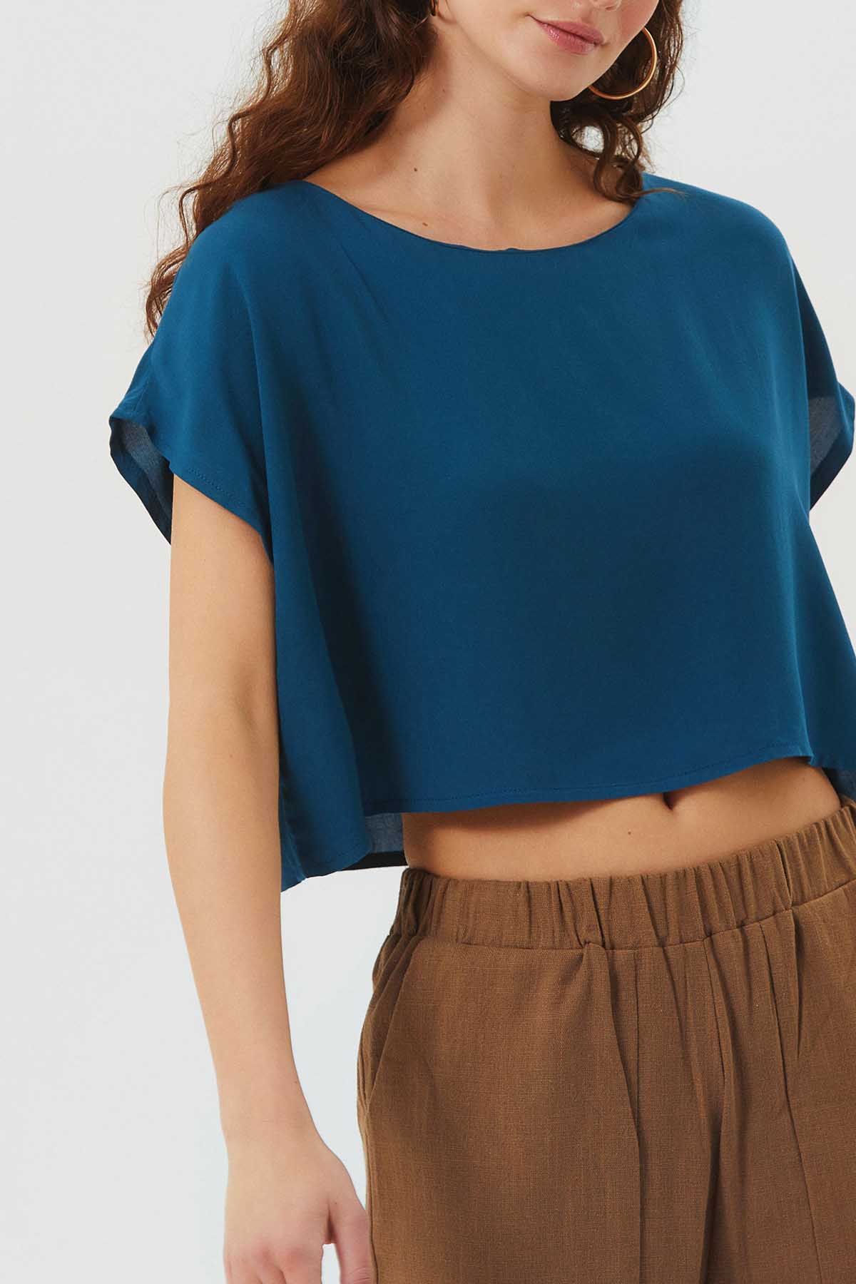 Kayık Yaka Oversize Yazlık Crop Bohem Bluz Lacivert