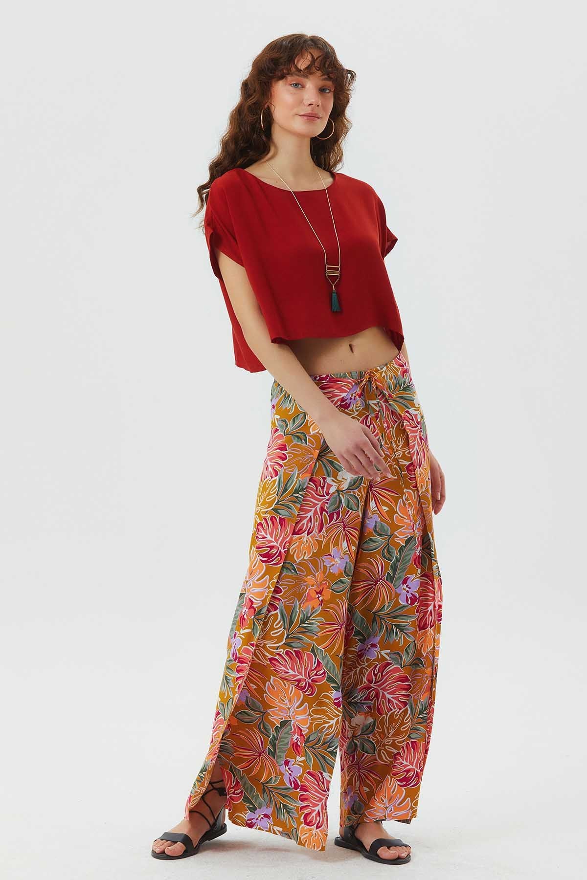 Kayık Yaka Oversize Yazlık Crop Bohem Bluz Turuncu