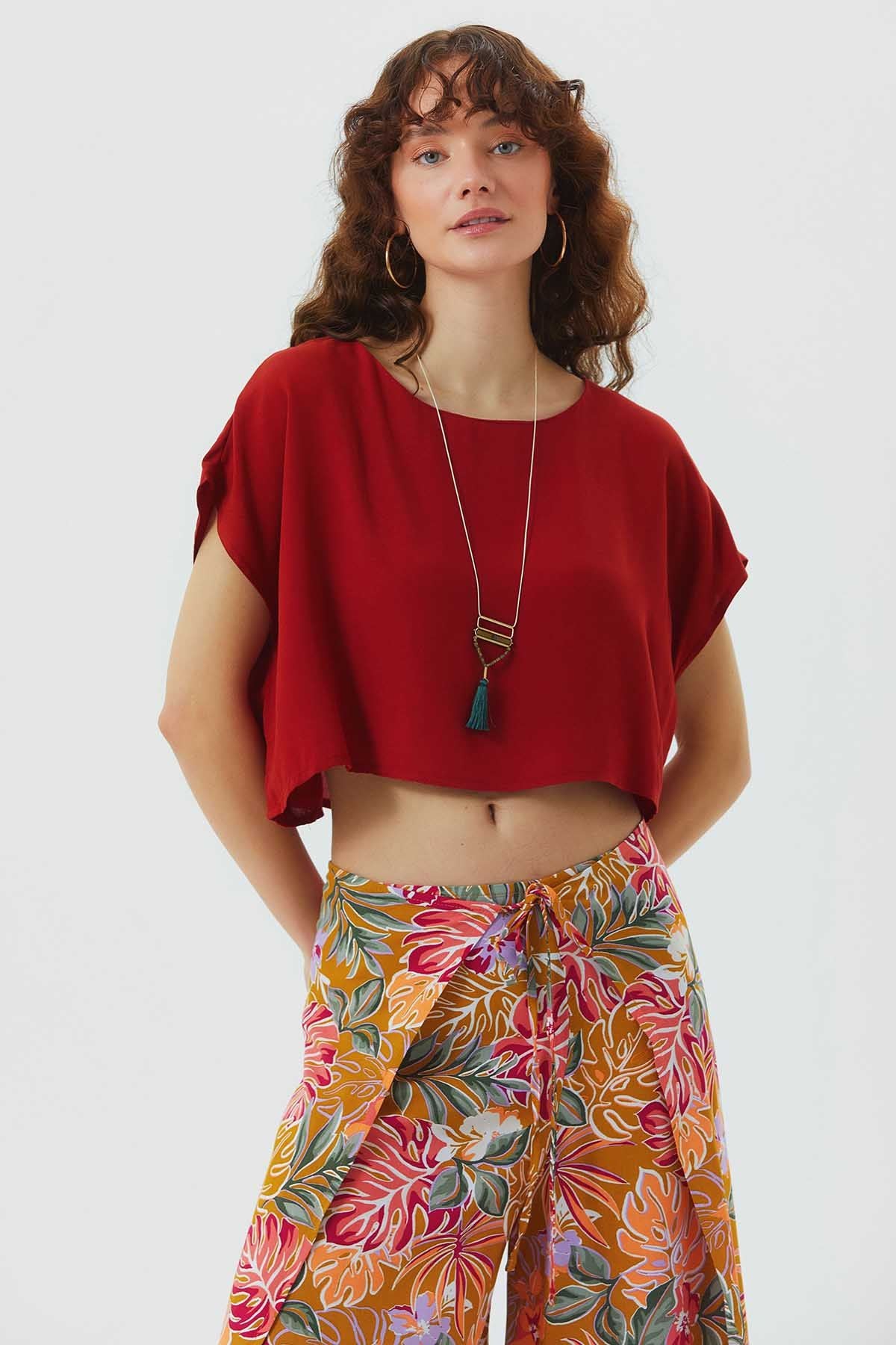 Kayık Yaka Oversize Yazlık Crop Bohem Bluz Turuncu