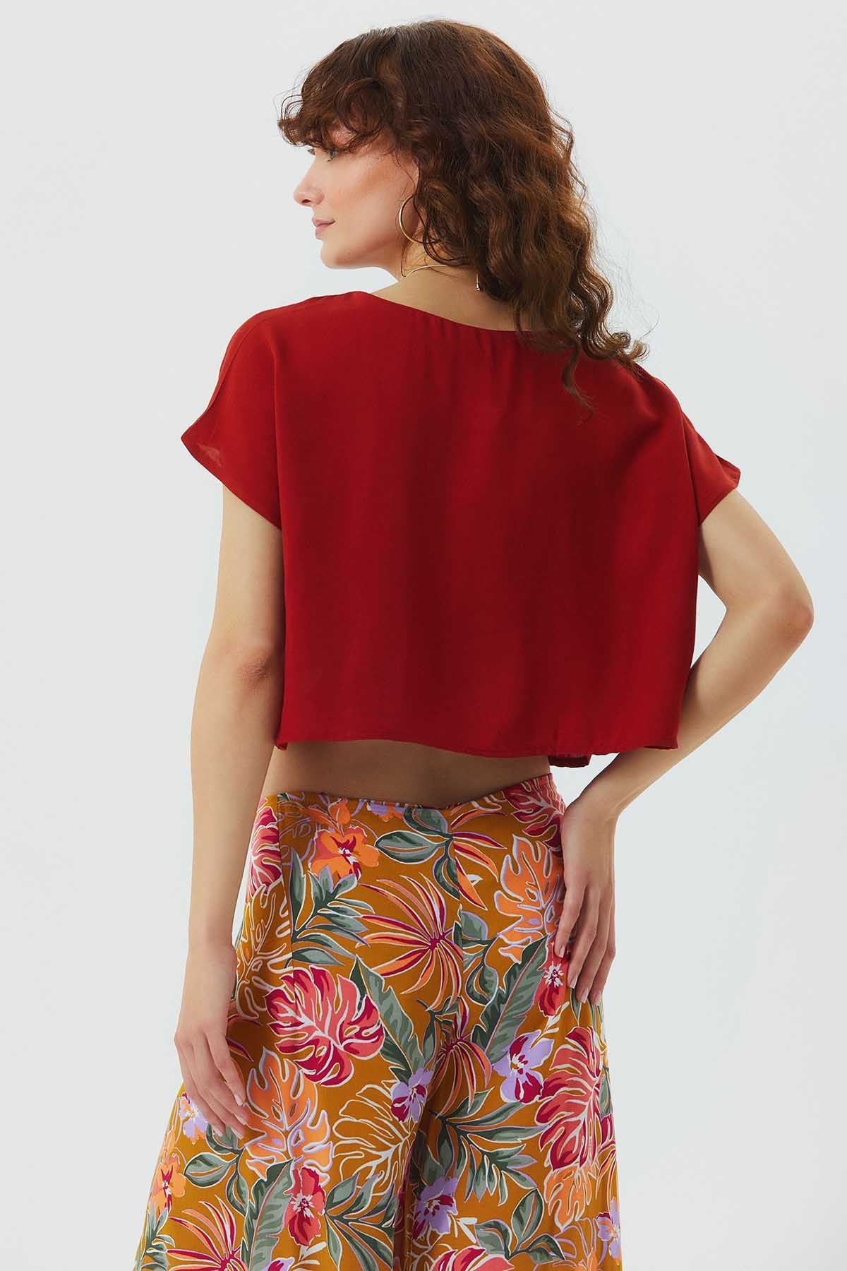 Kayık Yaka Oversize Yazlık Crop Bohem Bluz Turuncu