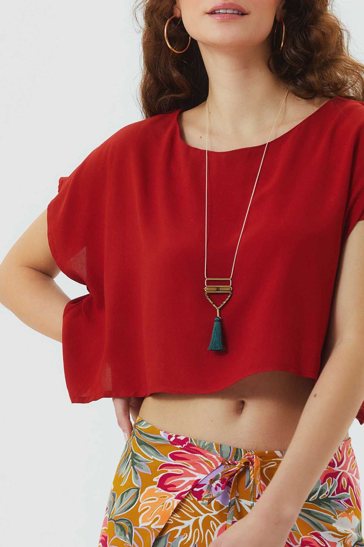 Kayık Yaka Oversize Yazlık Crop Bohem Bluz Turuncu