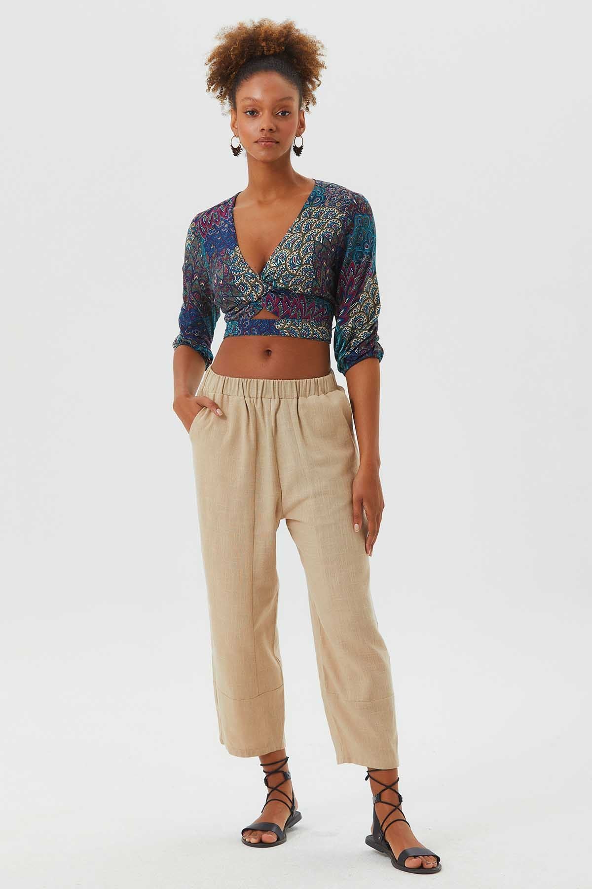 Düğüm Detaylı Pencereli Bohem Crop Bluz Turkuaz