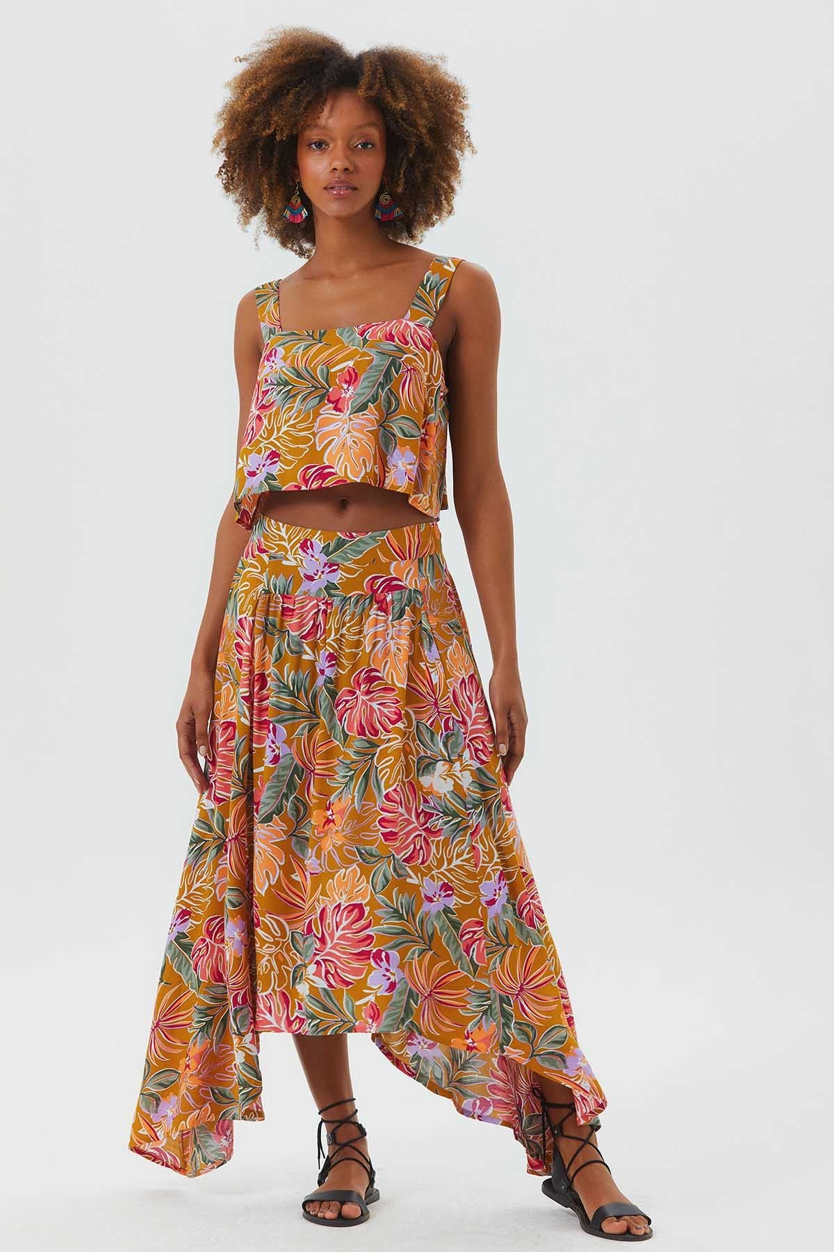 Kare Yaka Kalın Askılı Bohem Crop Bluz Hardal