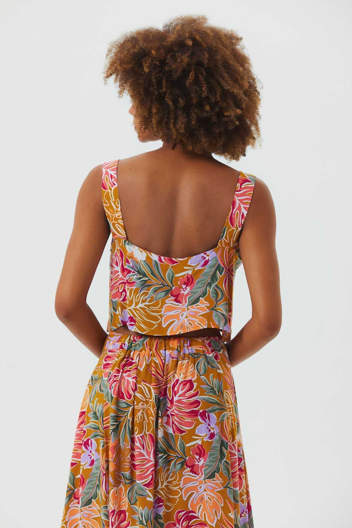 Kare Yaka Kalın Askılı Bohem Crop Bluz Hardal