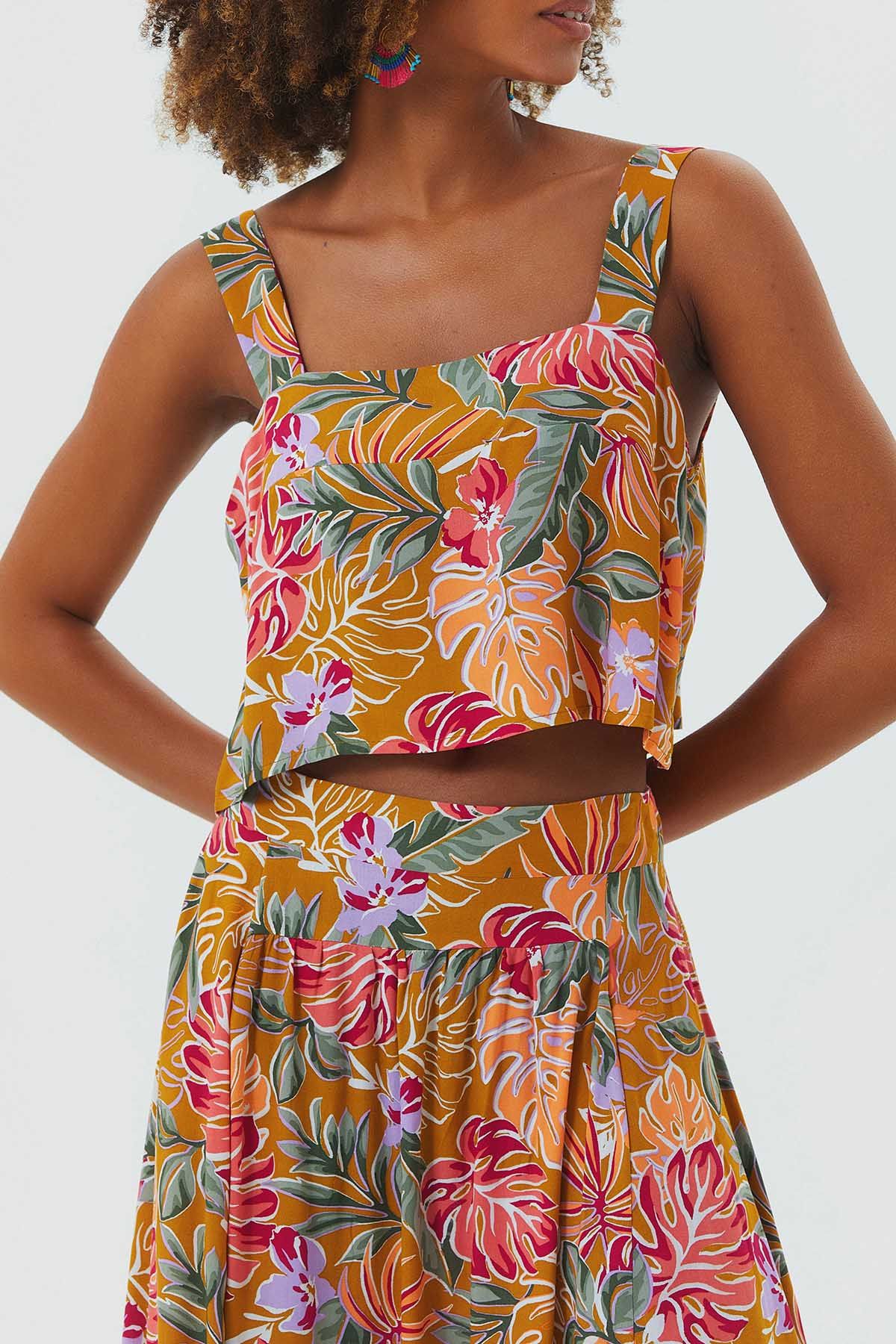 Kare Yaka Kalın Askılı Bohem Crop Bluz Hardal