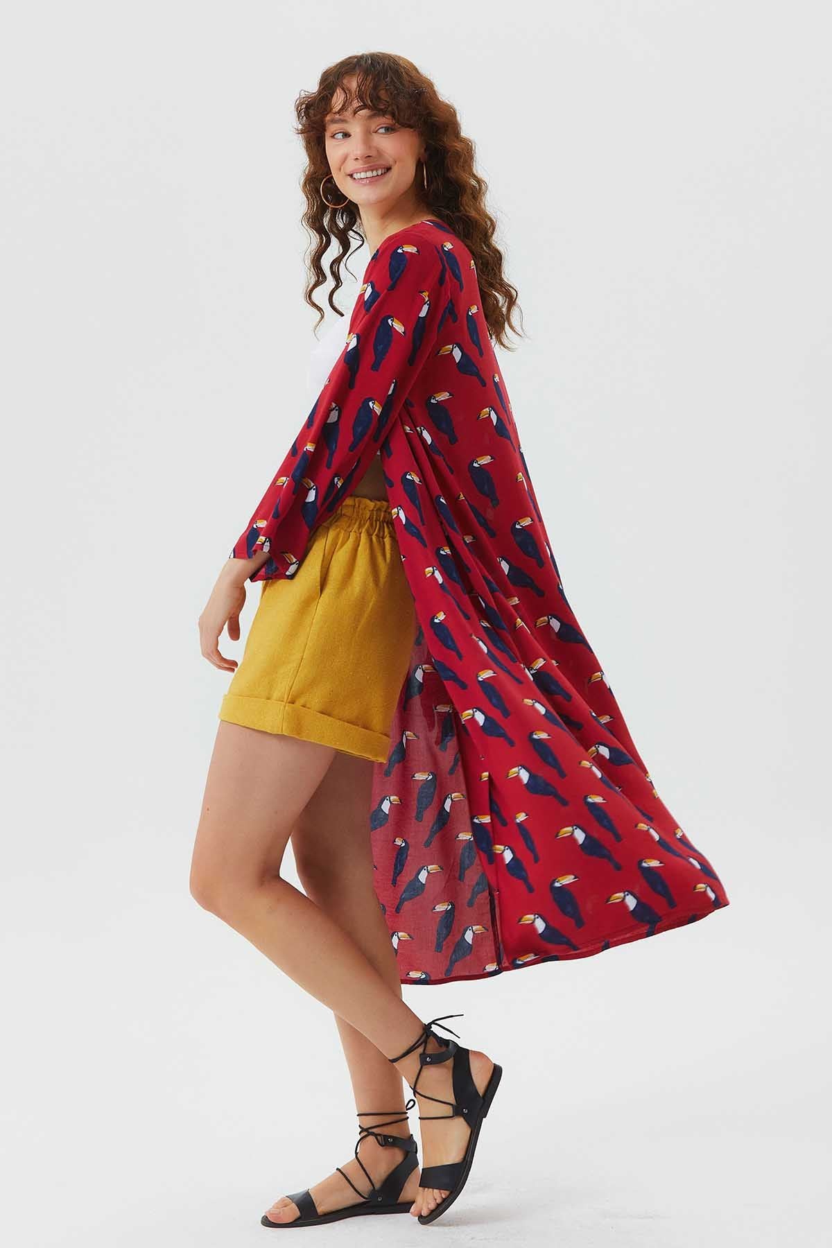 Uzun Kollu Desenli Bohem Kimono Kırmızı