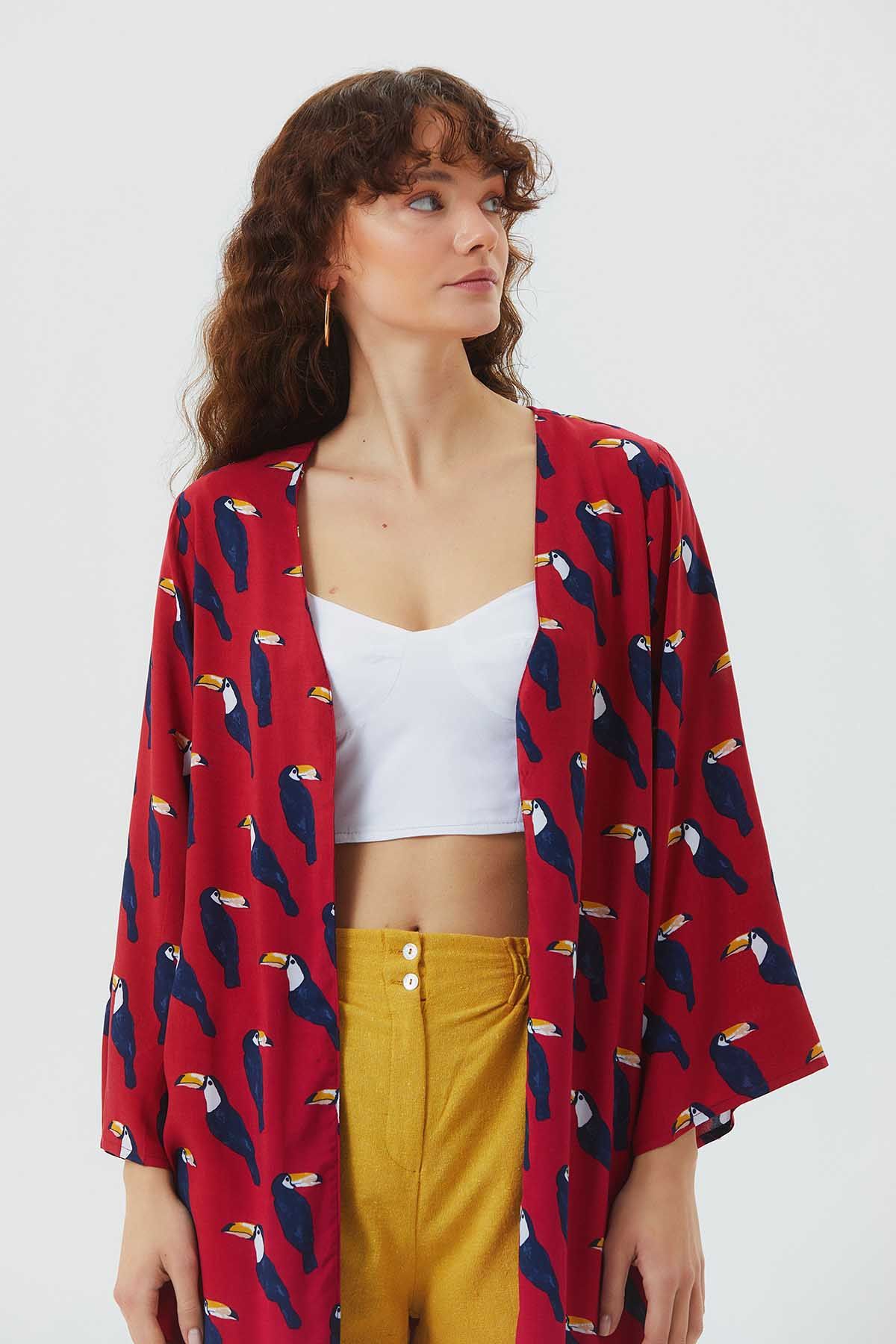 Uzun Kollu Desenli Bohem Kimono Kırmızı