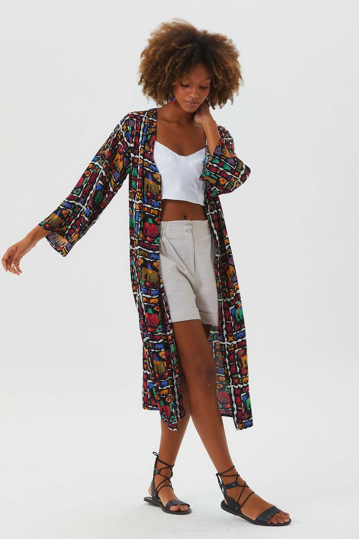 Uzun Kollu Desenli Bohem Kimono Siyah