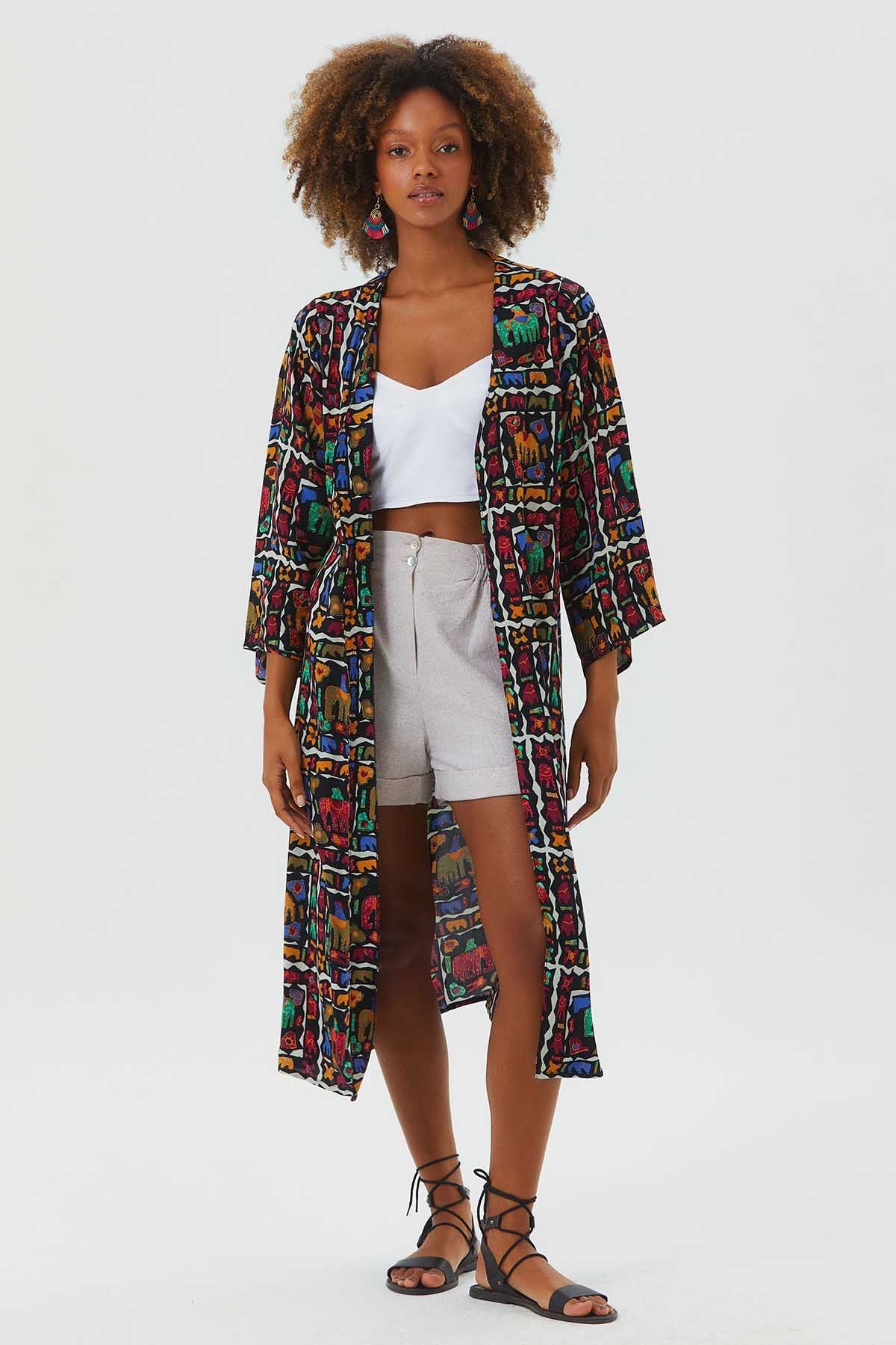 Uzun Kollu Desenli Bohem Kimono Siyah