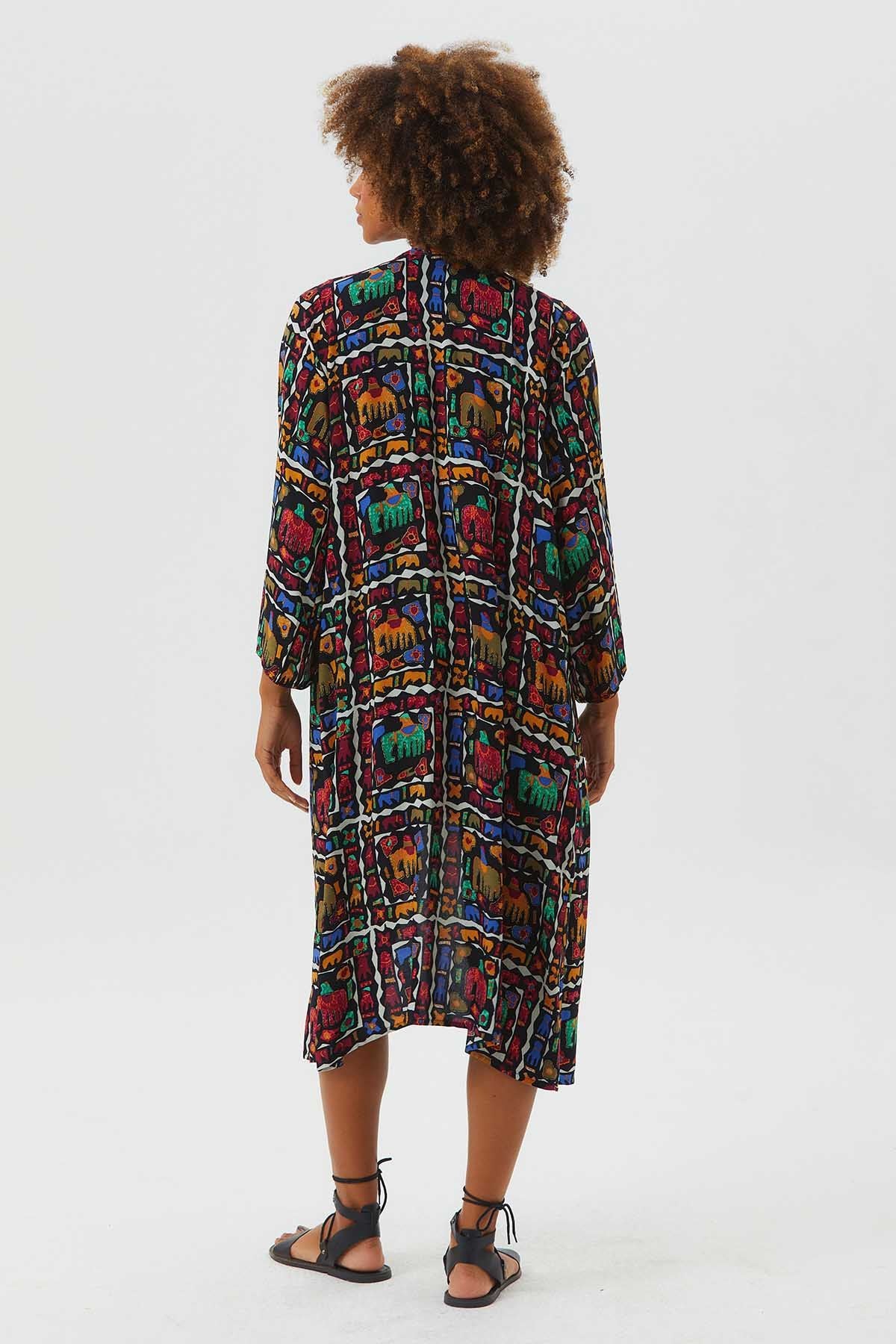 Uzun Kollu Desenli Bohem Kimono Siyah