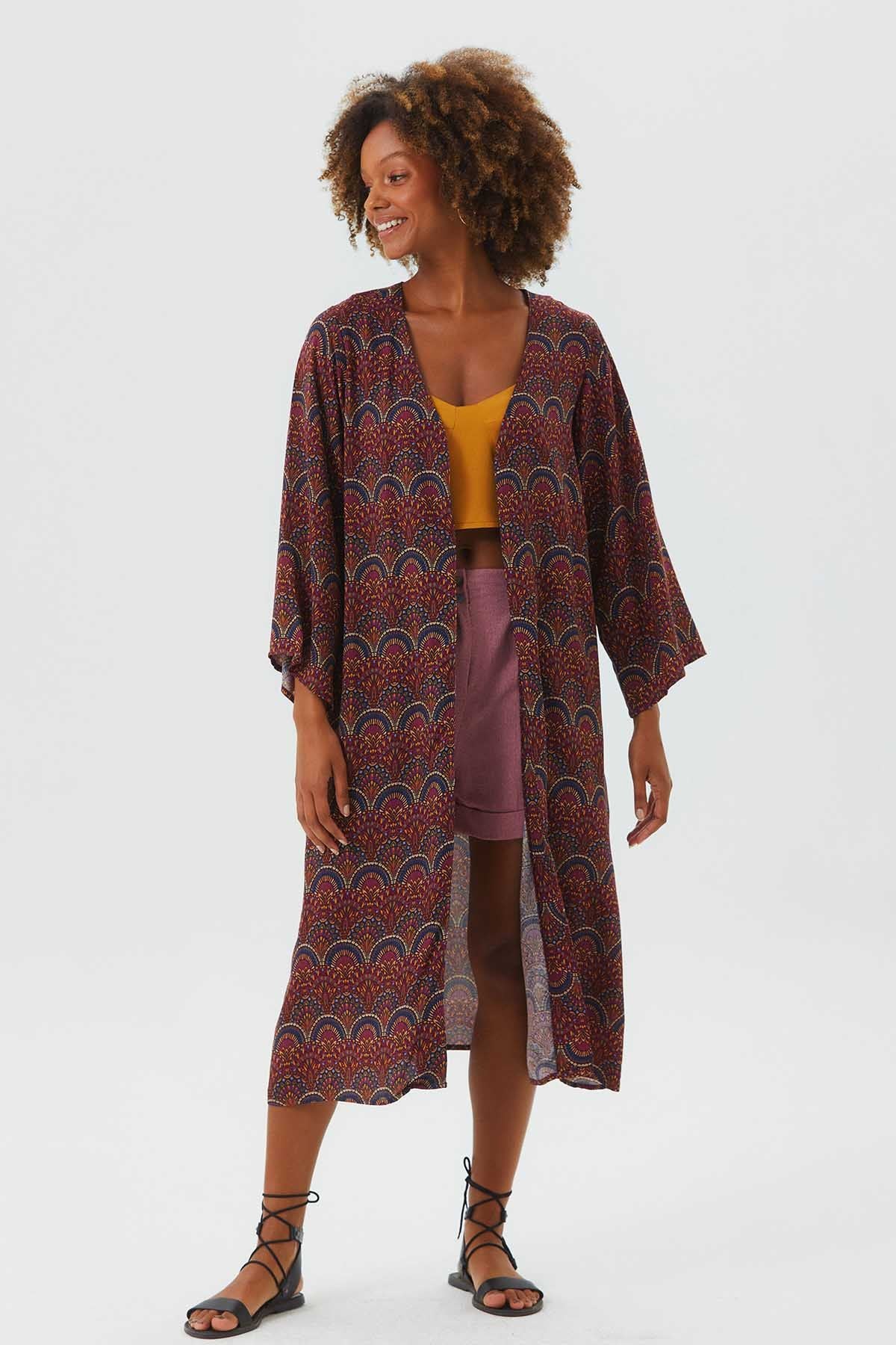 Uzun Kollu Desenli Bohem Kimono Mor