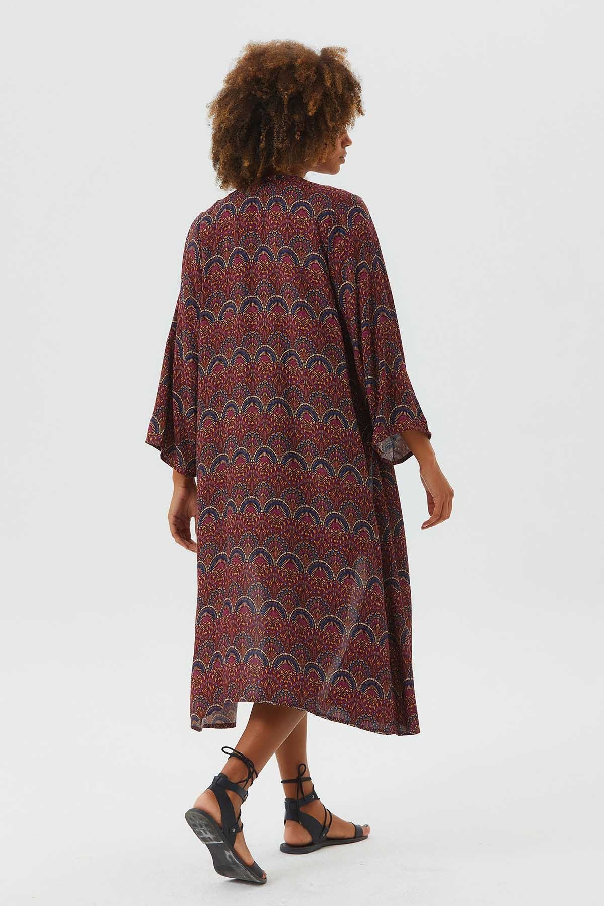 Uzun Kollu Desenli Bohem Kimono Mor