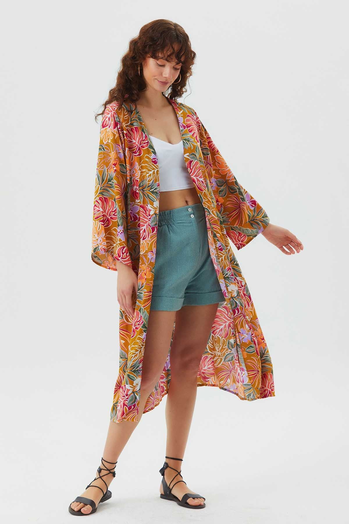 Uzun Kollu Desenli Bohem Kimono Hardal