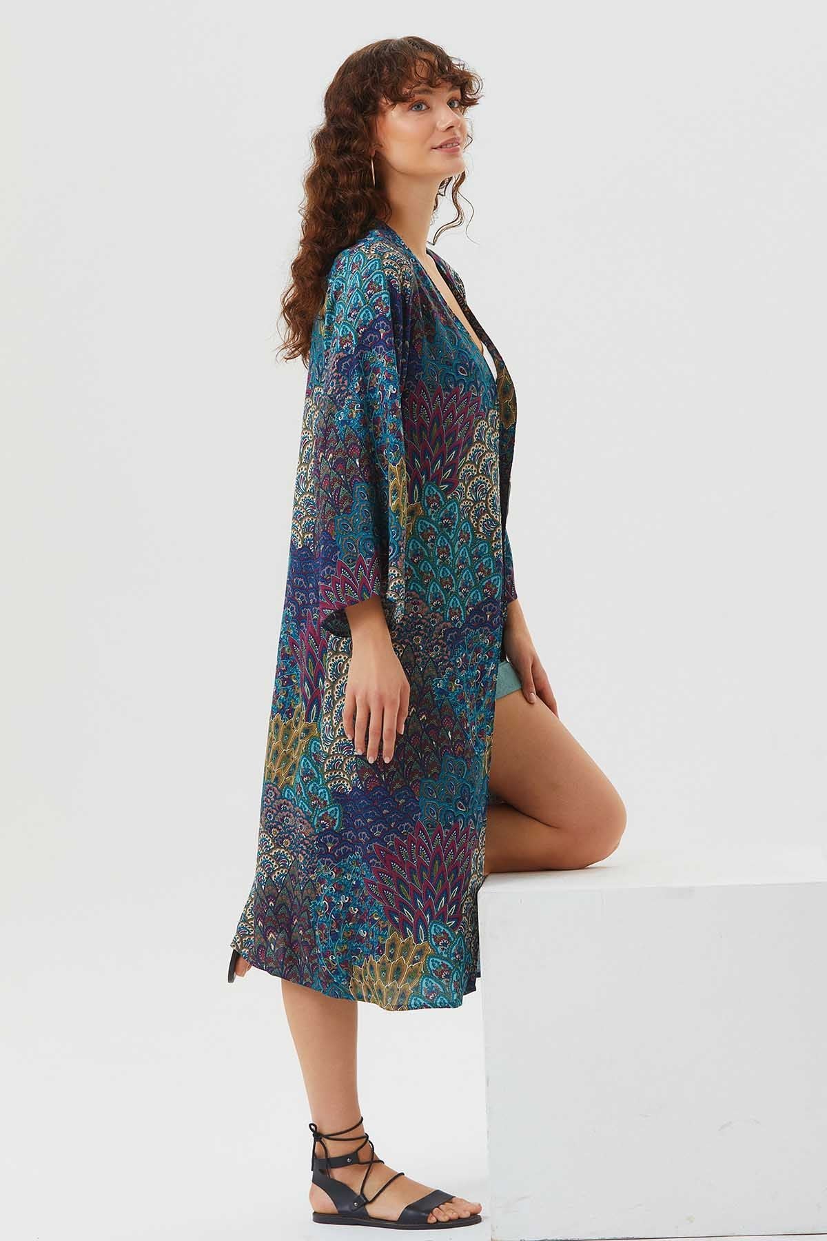 Uzun Kollu Desenli Bohem Kimono Petrol