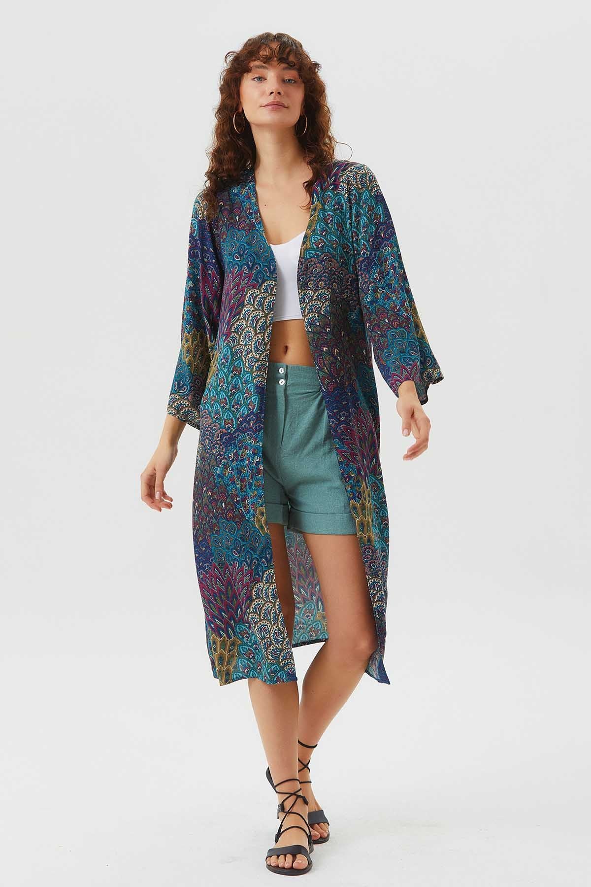 Uzun Kollu Desenli Bohem Kimono Petrol