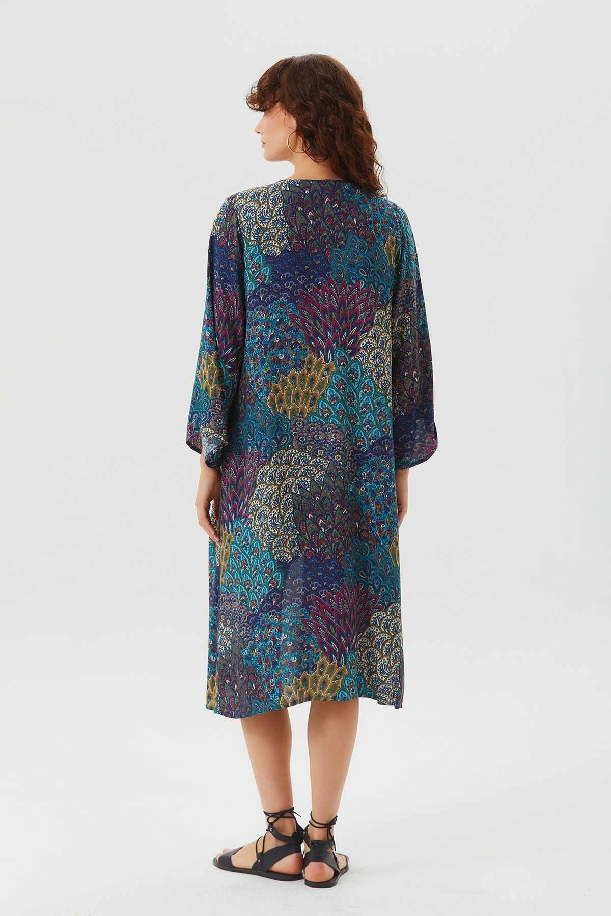 Uzun Kollu Desenli Bohem Kimono Petrol