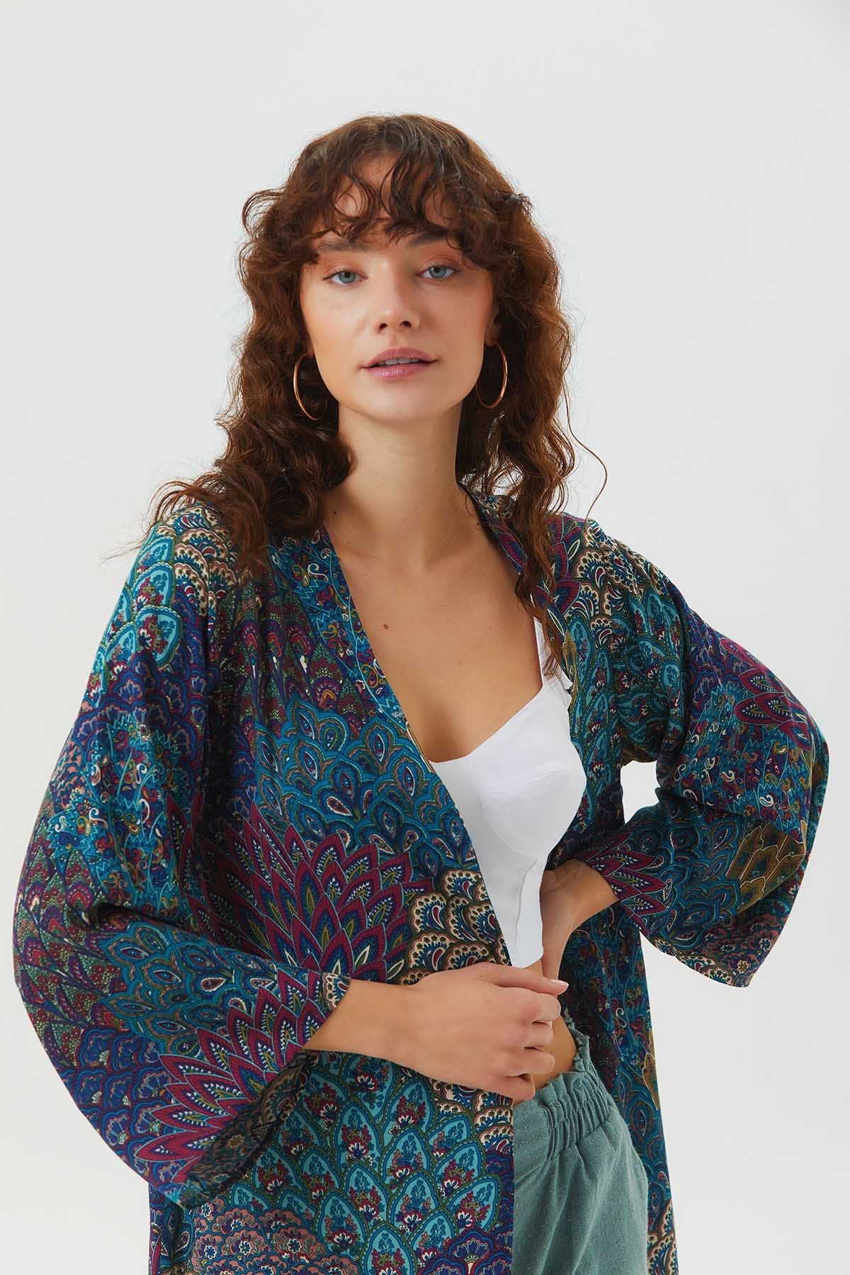 Uzun Kollu Desenli Bohem Kimono Petrol