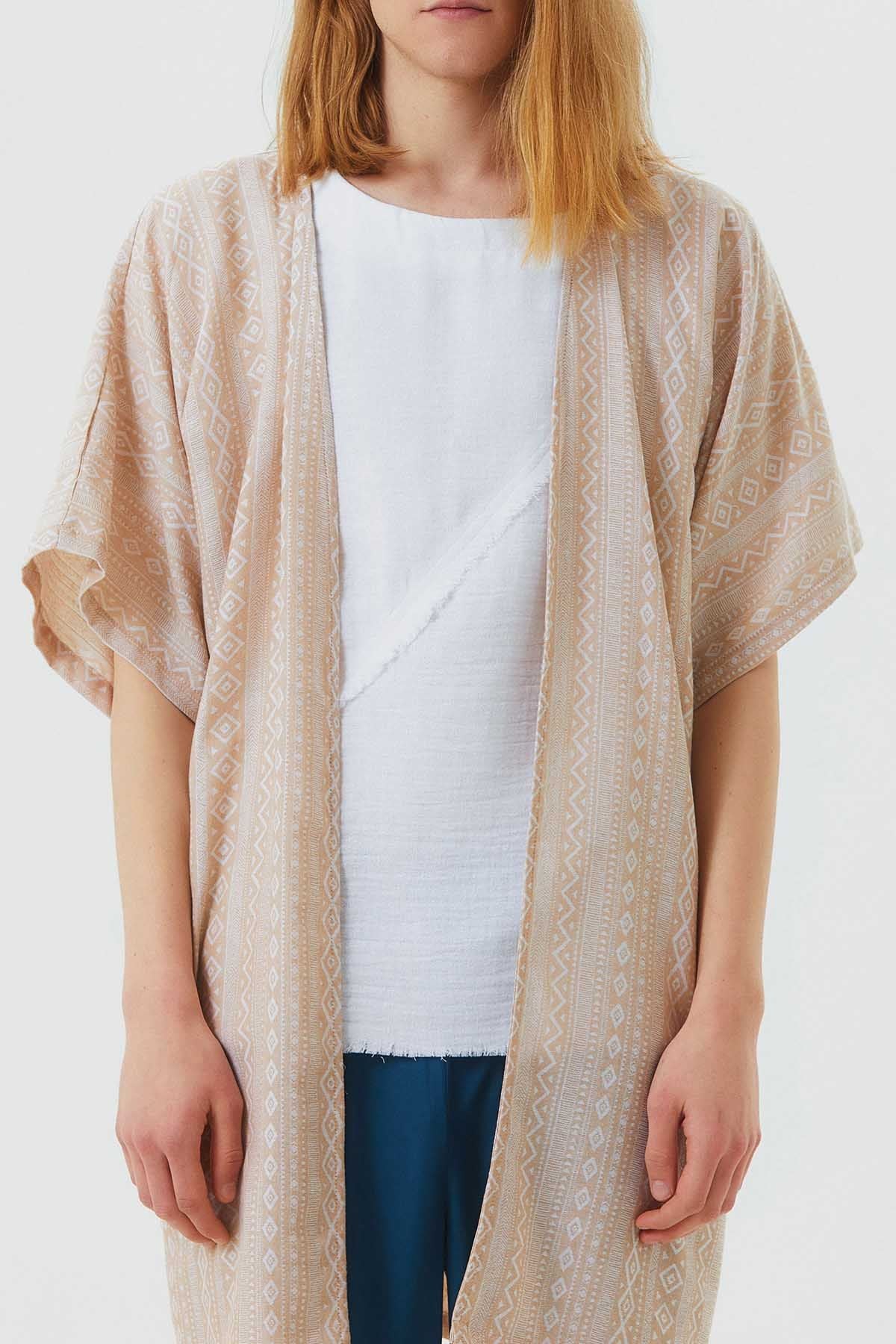 Kısa Kollu Pamuklu Etnik Desenli Kimono Bej