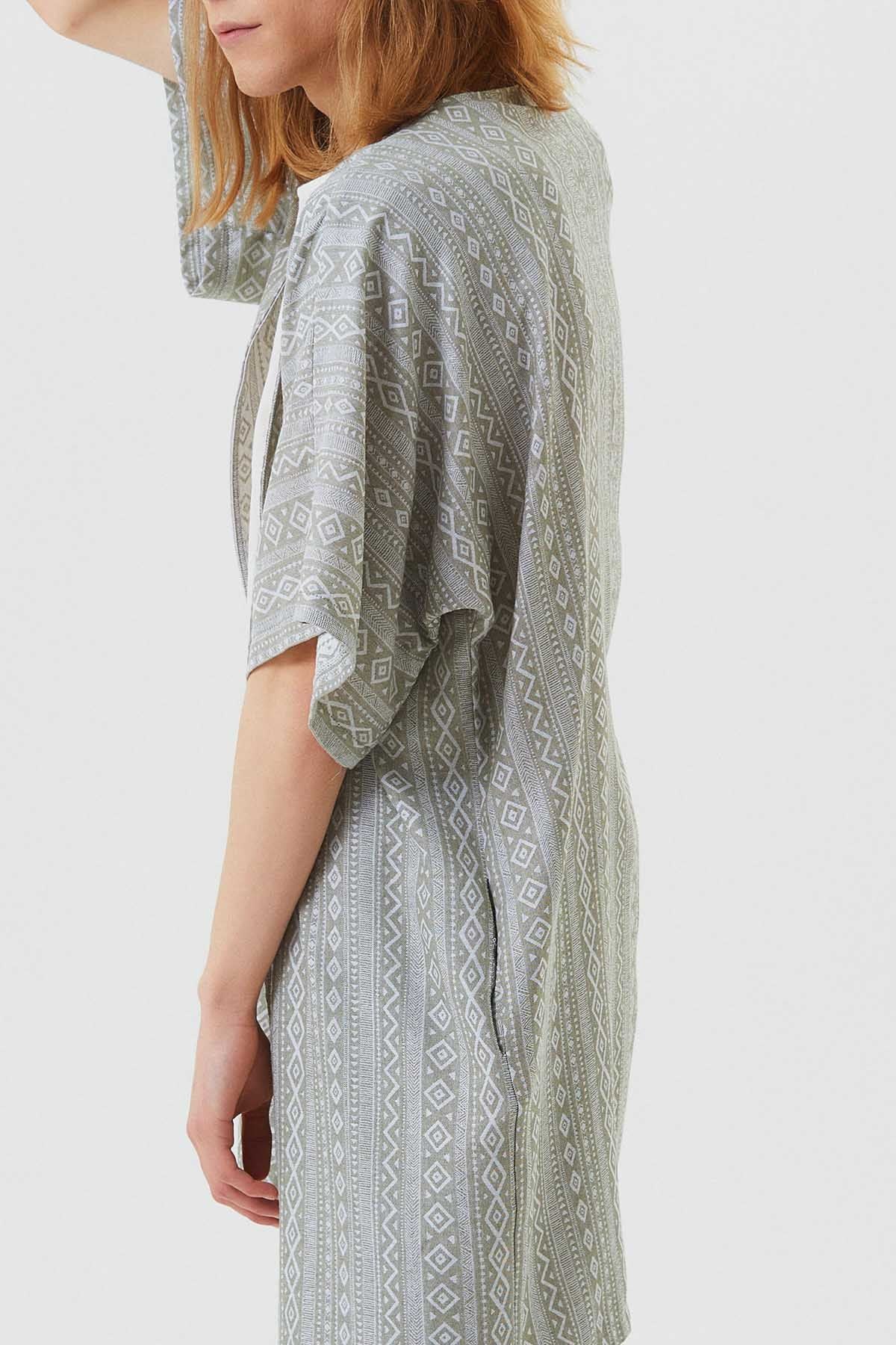 Kısa Kollu Pamuklu Etnik Desenli Kimono Haki