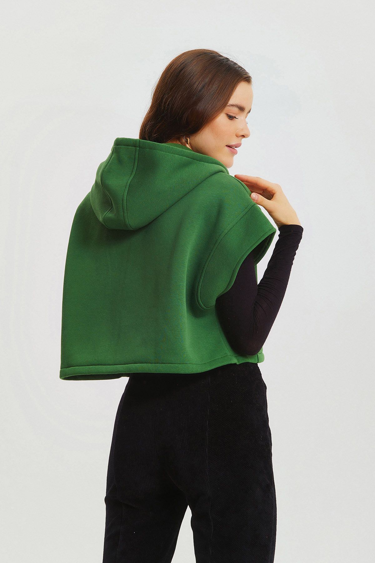 Kapüşonlu Pamuklu Crop Sweatshirt Yeşil