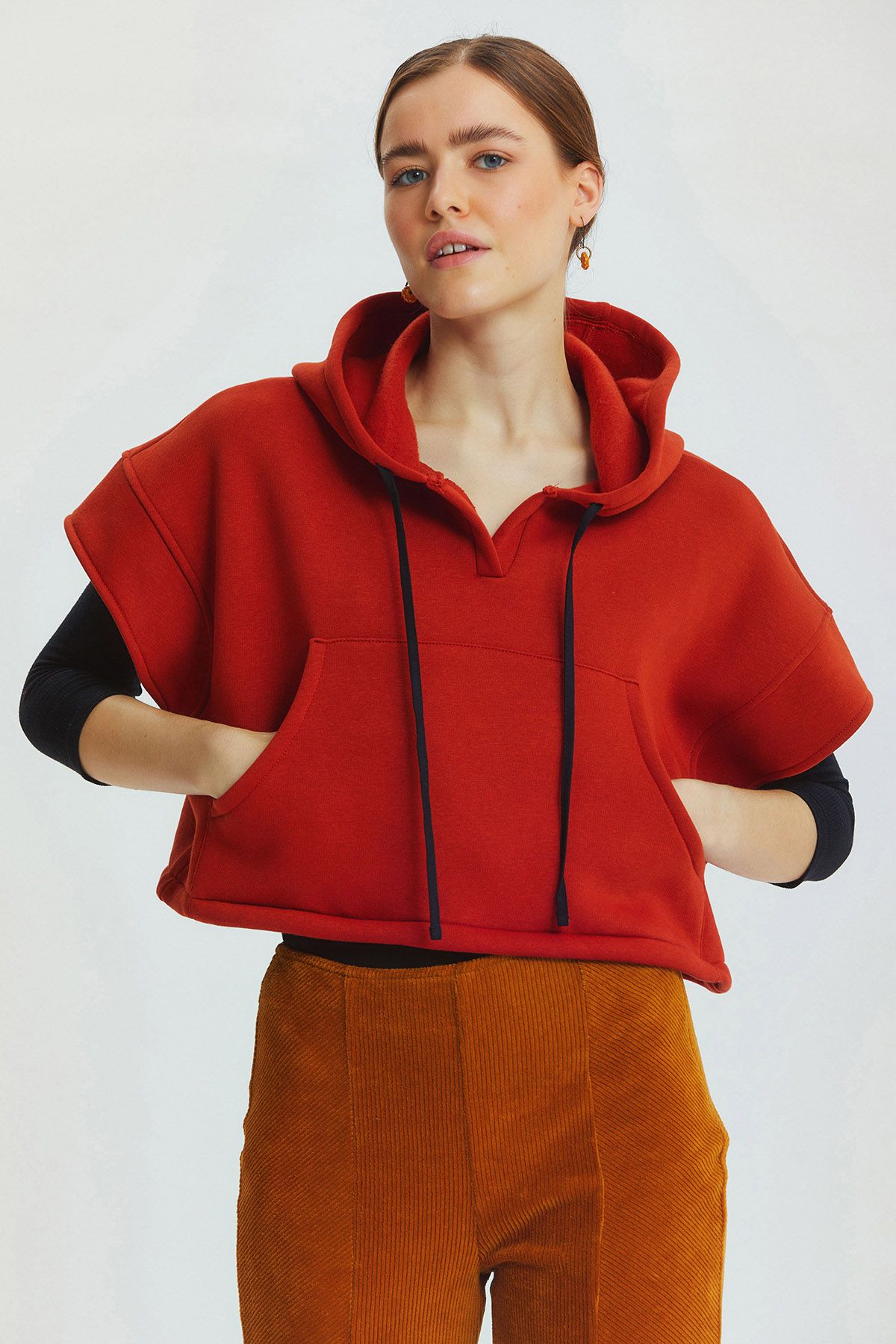Kapüşonlu Pamuklu Crop Sweatshirt Turuncu