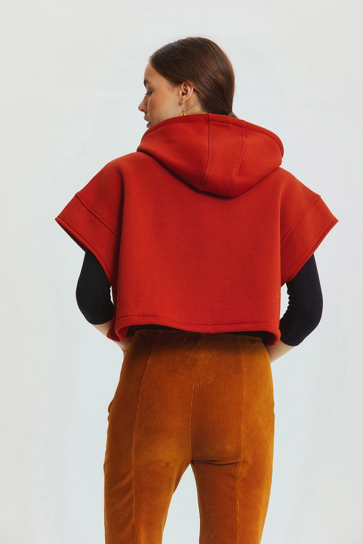 Kapüşonlu Pamuklu Crop Sweatshirt Turuncu