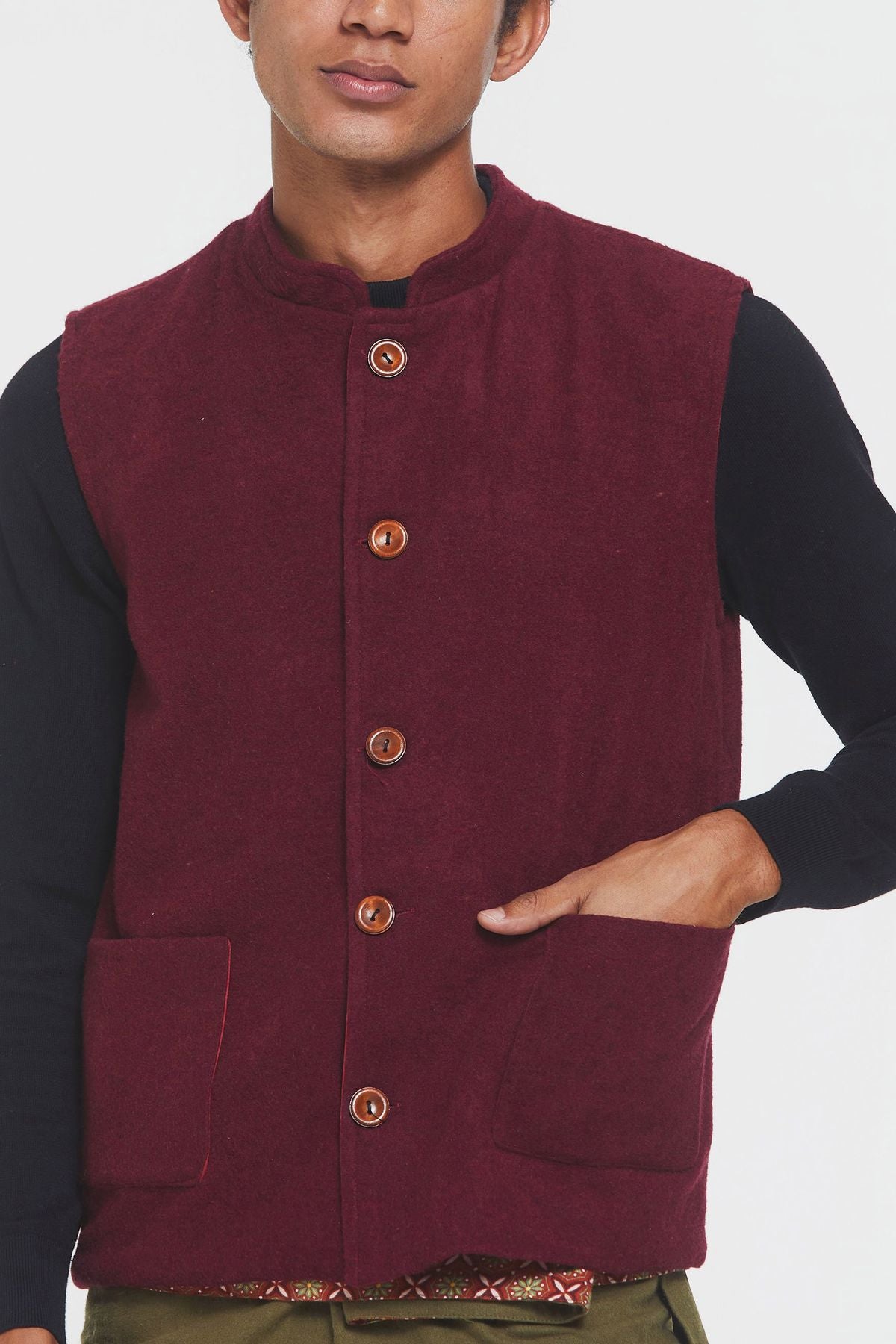 Hakim Yaka Bohem Erkek Yelek Bordo