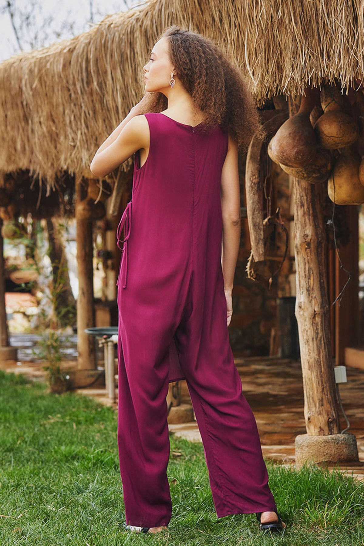 Yandan Bağcık Detaylı V Yaka Tulum Mor