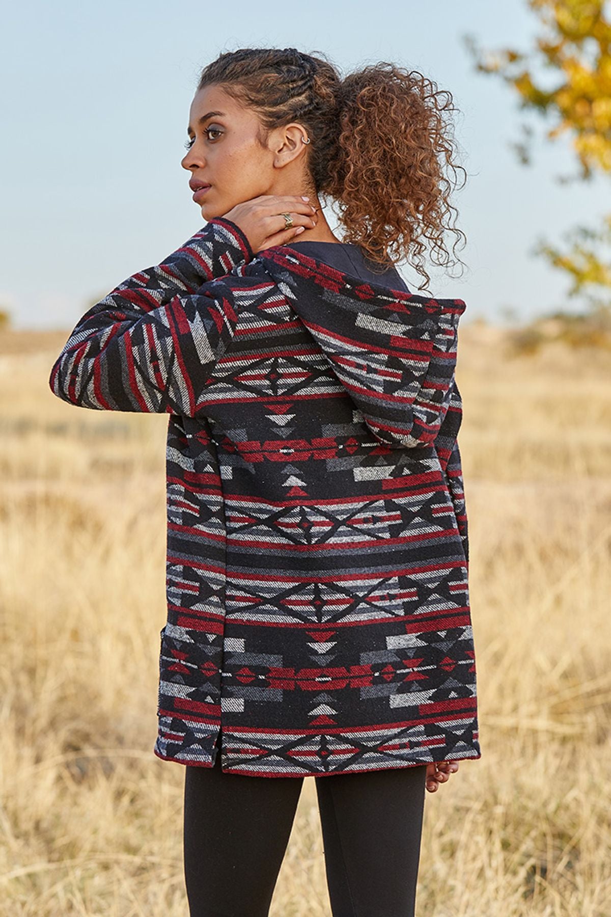 Etnik Desenli Kapüşonlu Sweatshirt Siyah
