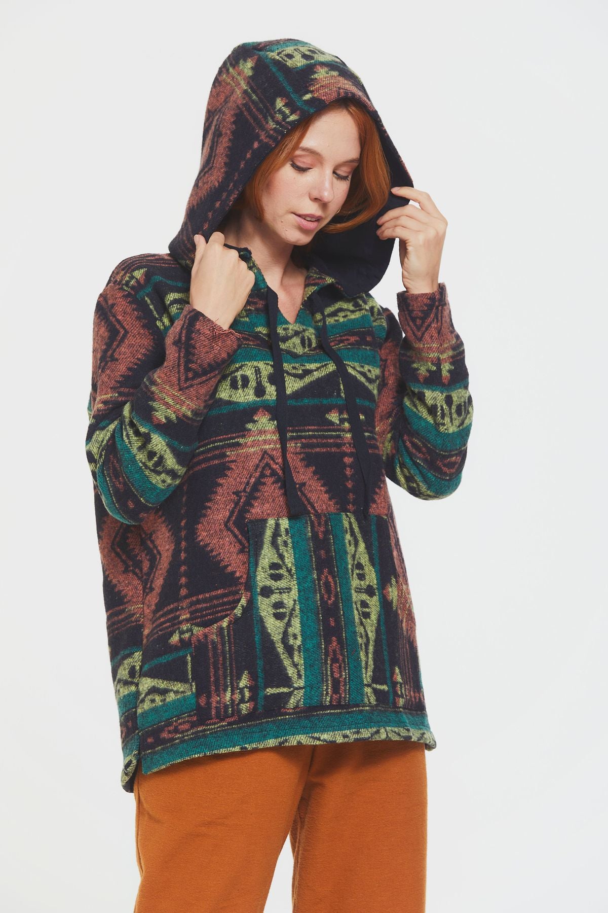 Etnik Desenli Kapüşonlu Sweatshirt Yeşil