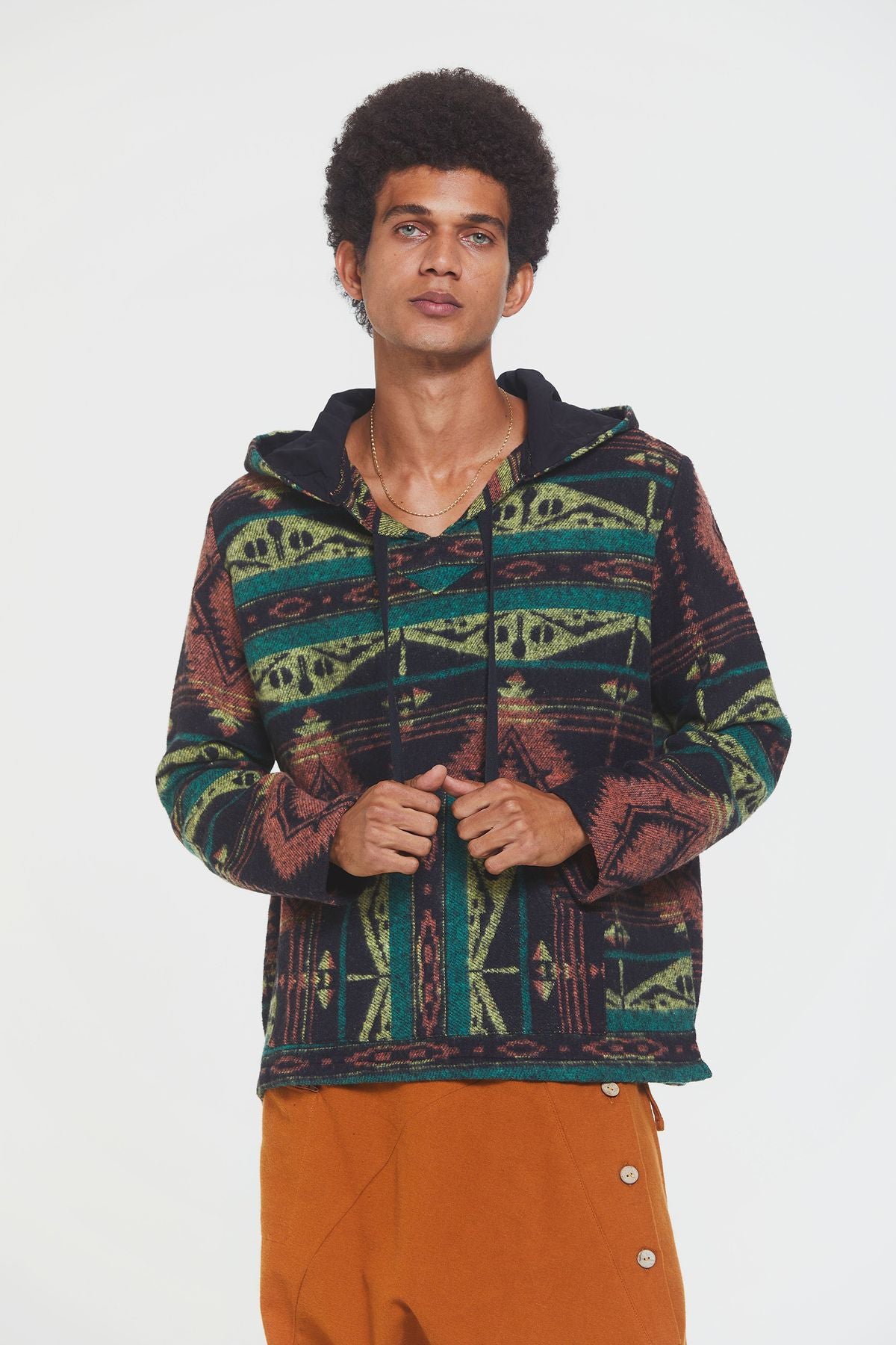 Etnik Desenli Kapüşonlu Sweatshirt Yeşil