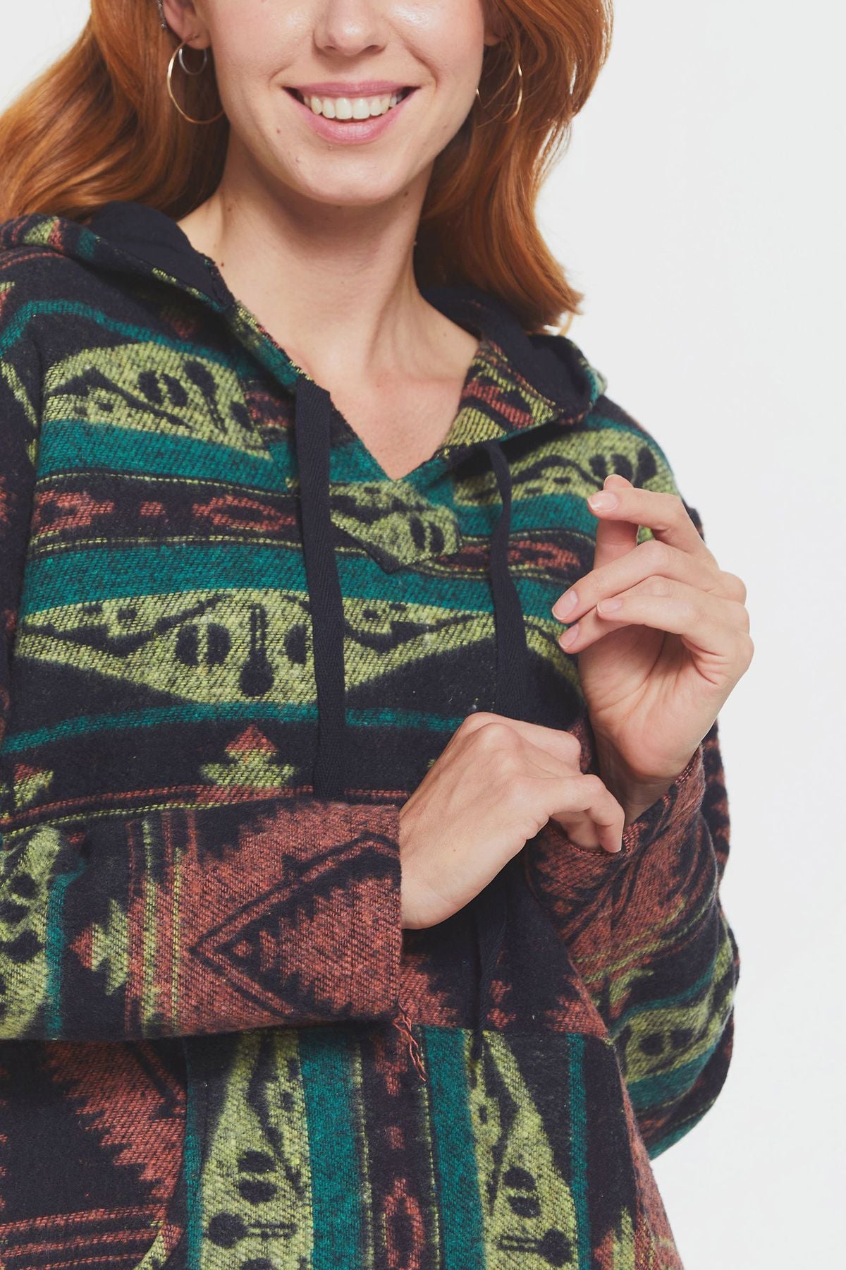 Etnik Desenli Kapüşonlu Sweatshirt Yeşil