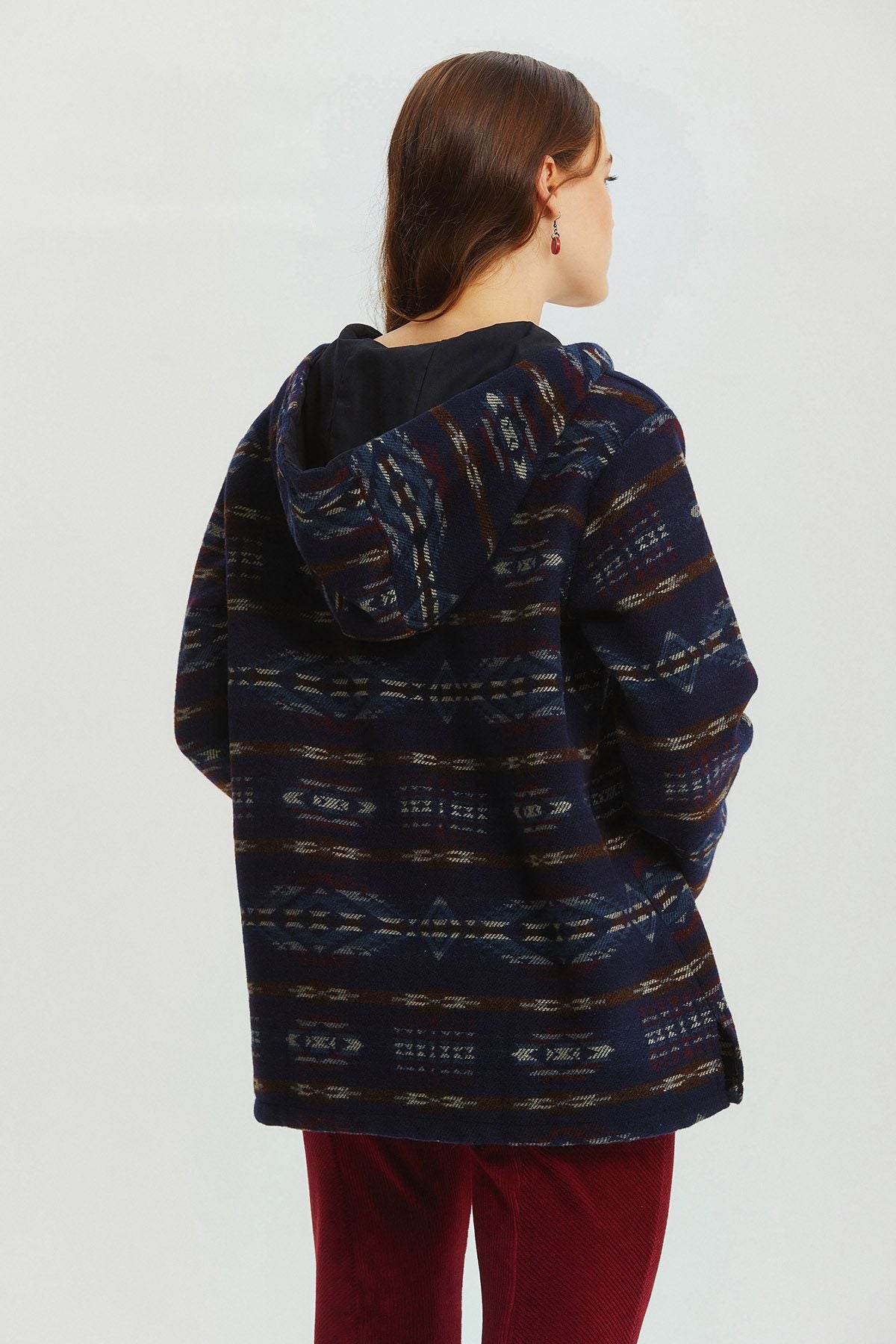 Etnik Desenli Kapüşonlu Sweatshirt Lacivert