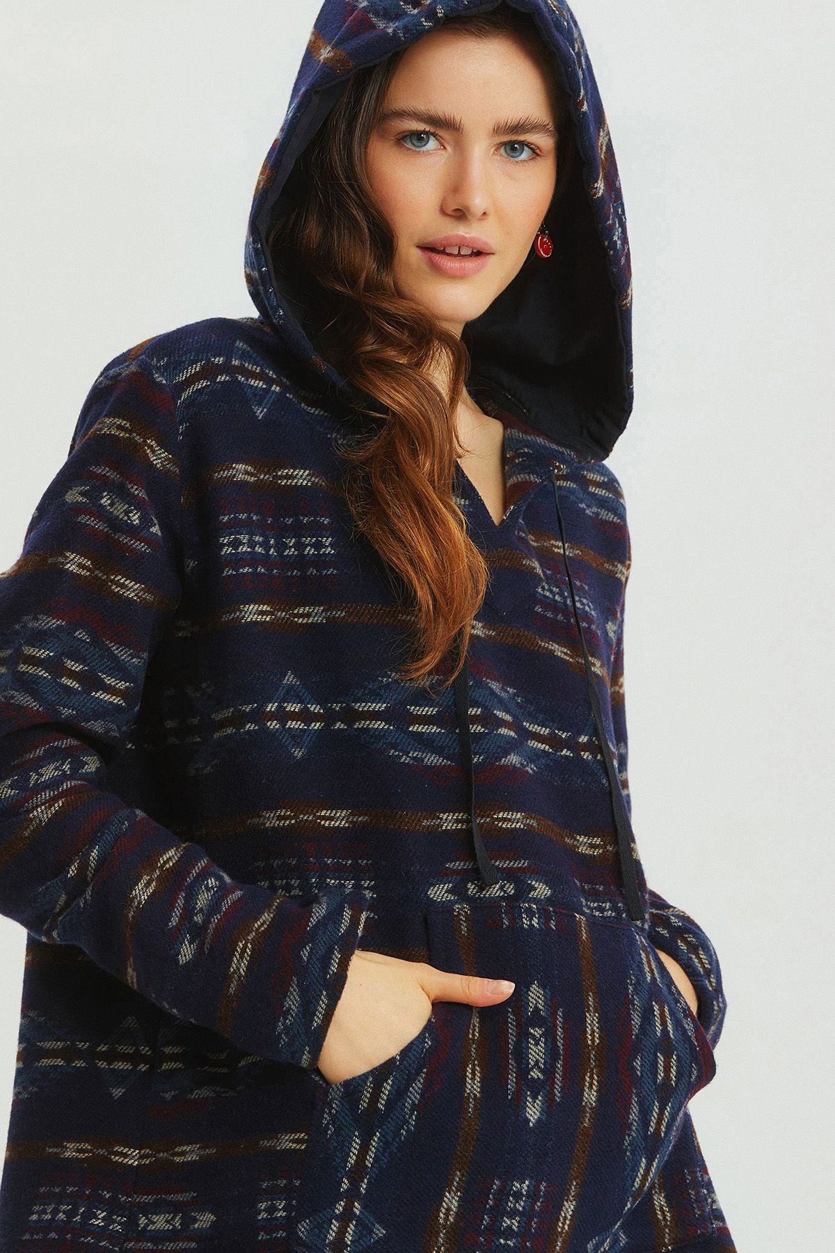 Etnik Desenli Kapüşonlu Sweatshirt Lacivert