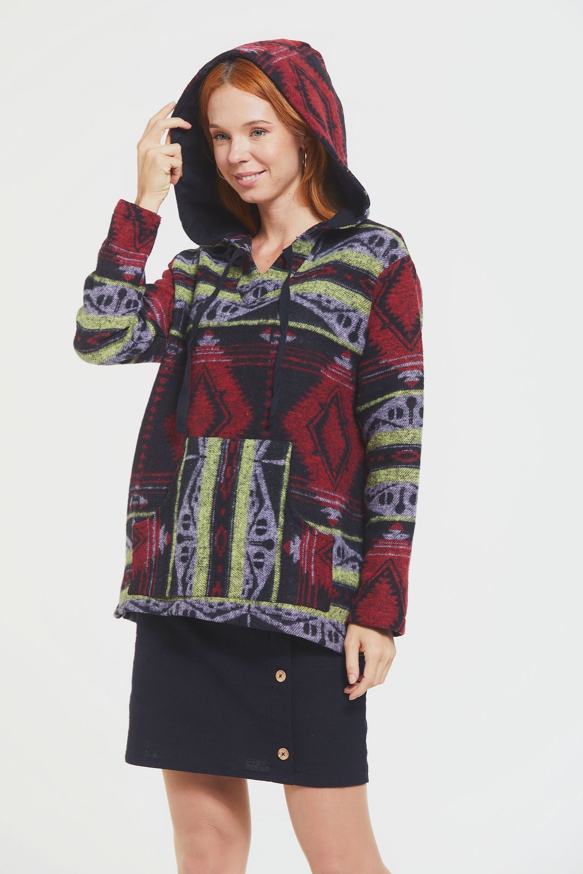 Etnik Desenli Kapüşonlu Sweatshirt Bordo